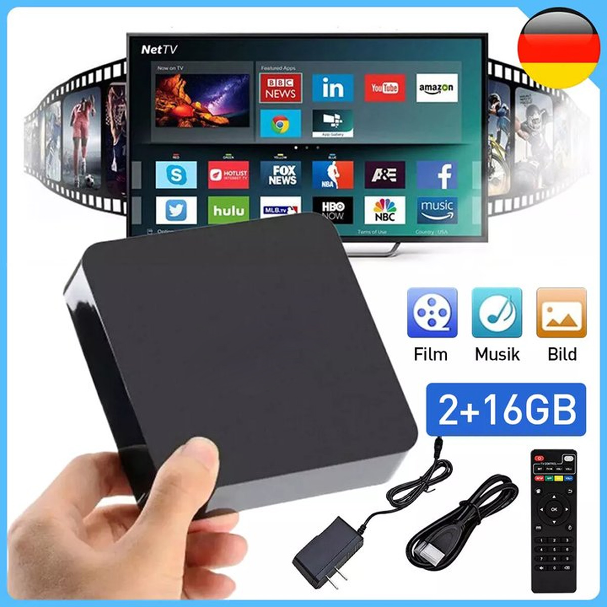 Eine schwarze Mediaplayer-Box wird in der Hand gehalten, neben einem Fernseher mit Apps. Enthält Fernbedienung, Netzteil und Kabel. Deutsche Flagge.