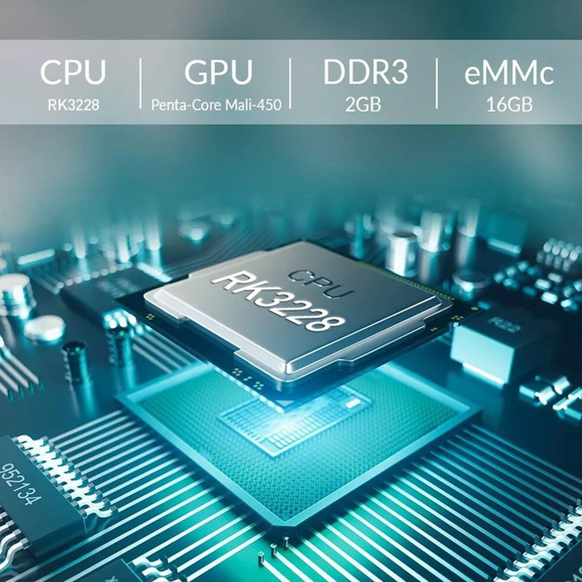 Nahaufnahme eines Computerchips. Etiketten zeigen CPU RK3228, GPU Mali-450, DDR3 2GB und eMMc 16GB. Der Chip befindet sich auf einer Hauptplatine.