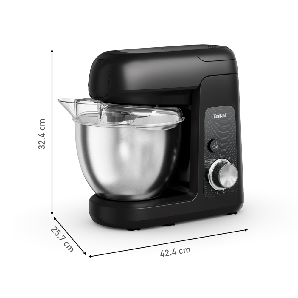Ein schwarzer Tefal-Küchenmixer mit einer Edelstahlschüssel und einem transparenten Spritzschutz. Abmessungen sind angegeben.