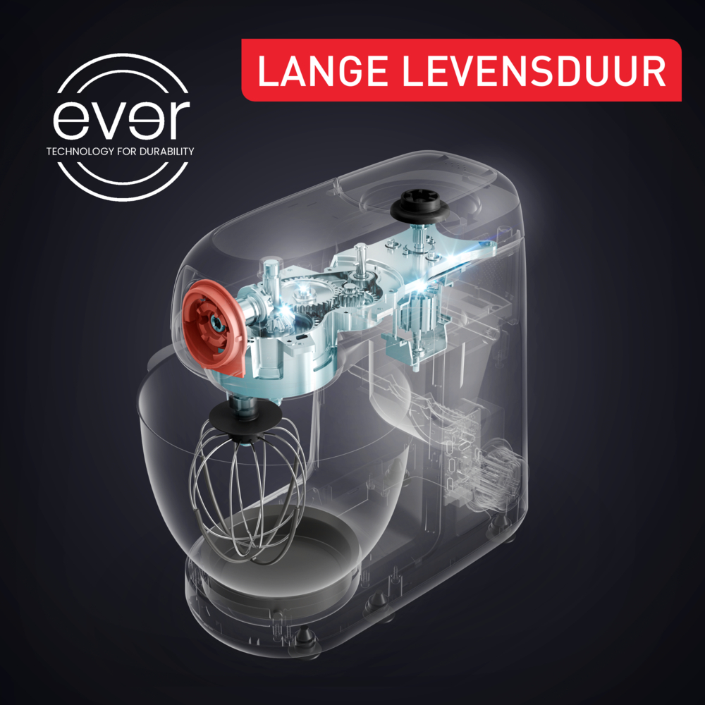 Transparenter Küchenmixer mit sichtbaren Innengängen. Rote Akzente, weißes Logo und Text 'LANGE LEVENSDUUR' auf roter Leiste.