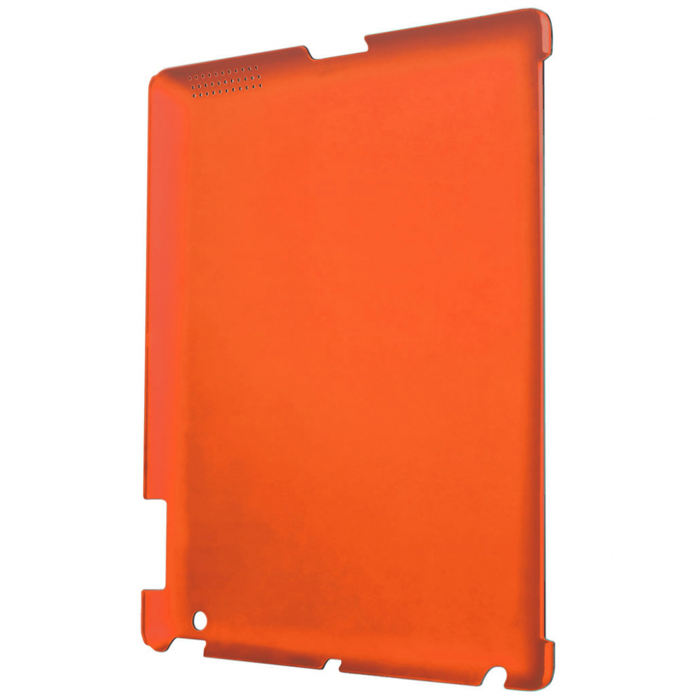 Una custodia arancione per tablet. Ha fori per altoparlanti nella parte superiore e diversi ritagli sui lati. Lo sfondo è bianco.