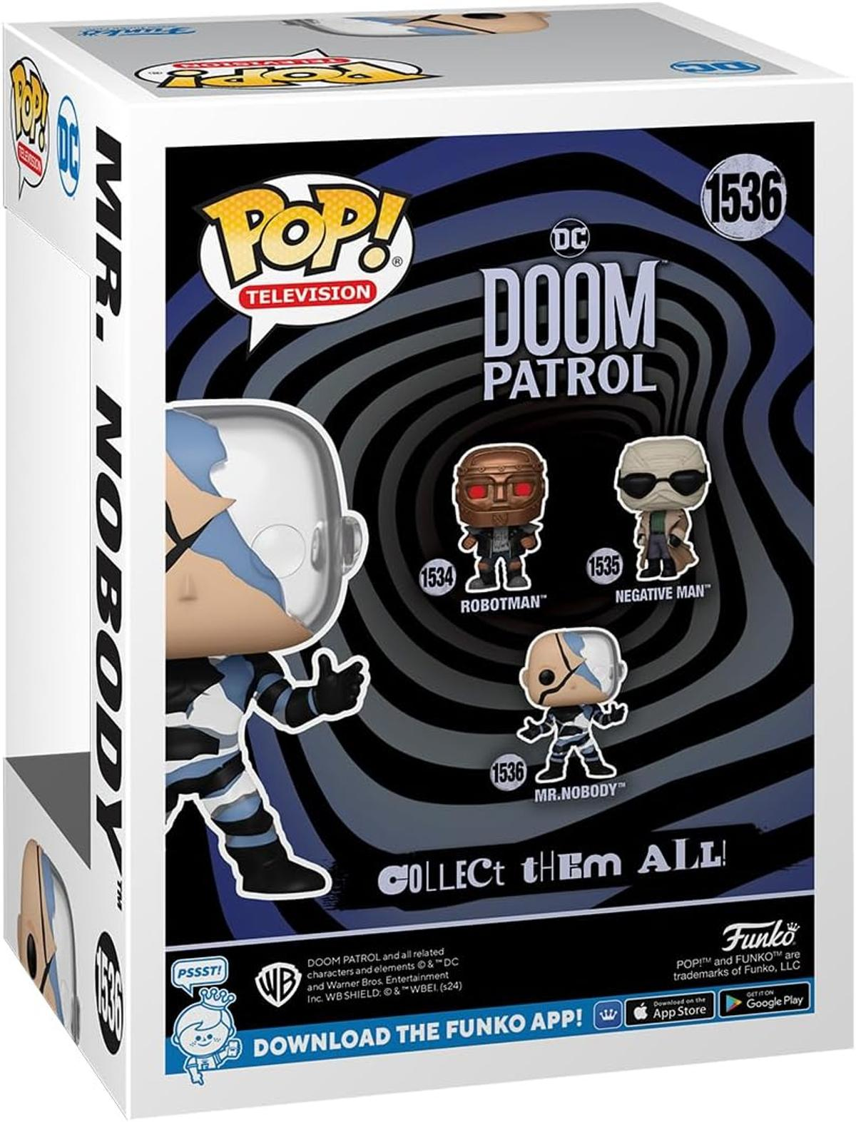 Pudełko Funko Pop dla Doom Patrol z Mr. Nobody, Robotmanem i Negative Manem. Pudełko jest białe ze zdjęciami postaci.