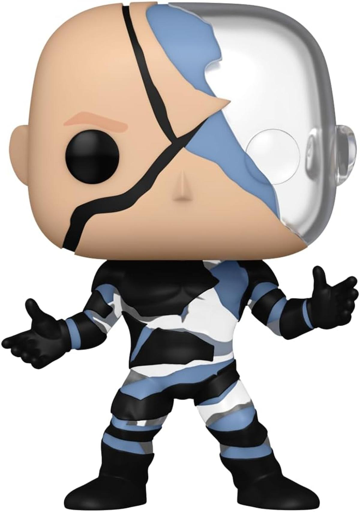 Figurka Funko Pop superbohatera z częściowo przezroczystą głową. Figurka ma strój w stylu kamuflażu i czarne oko.