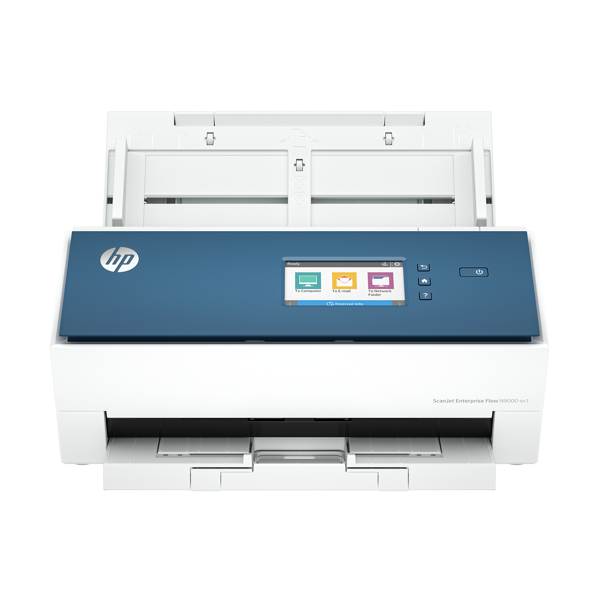 Se muestra un escáner HP ScanJet Enterprise Flow N9000 sn1. Tiene una parte superior azul con una pantalla y un cuerpo blanco.