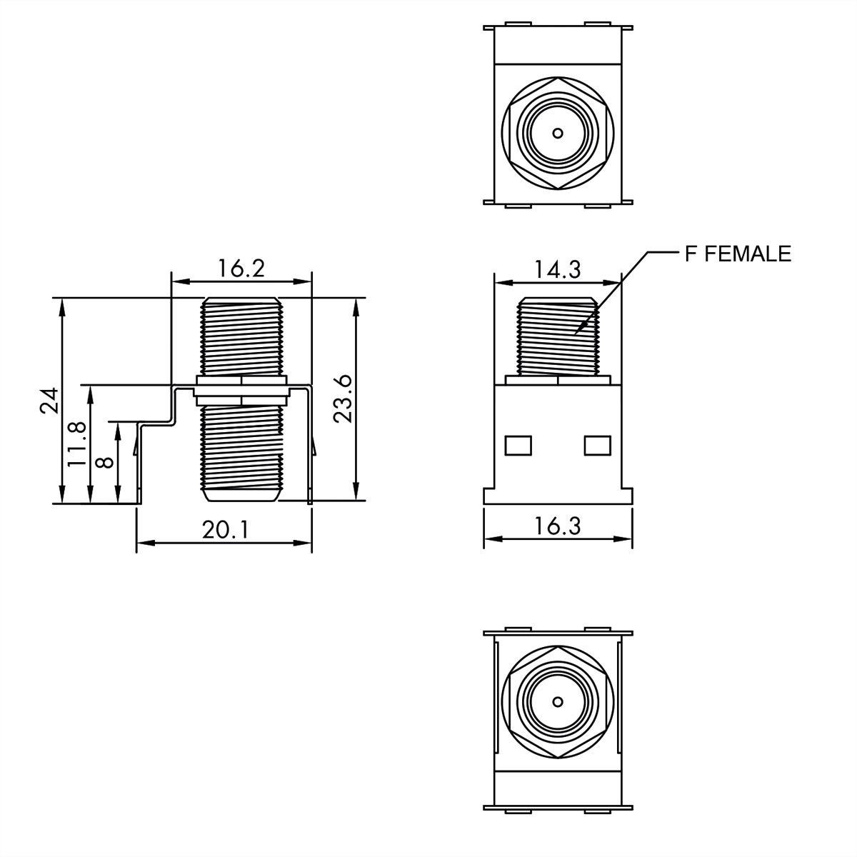 Disegno tecnico di un connettore femmina F. Include dimensioni e viste laterali, superiori e frontali. Tutto in linee nere su sfondo bianco.