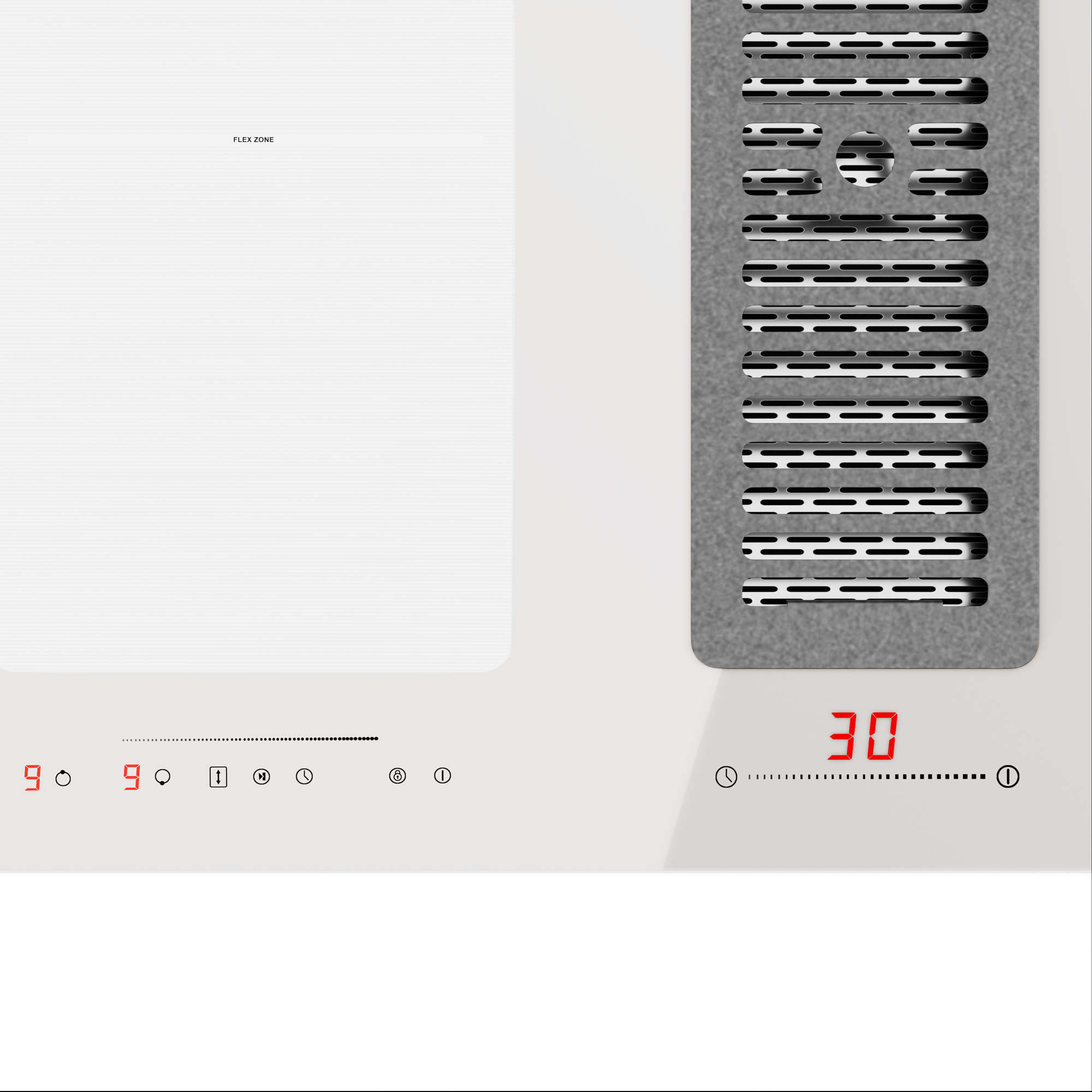 Placa de inducción blanca con pantalla digital, Flex Zone y ventilación. Muestra números y símbolos.