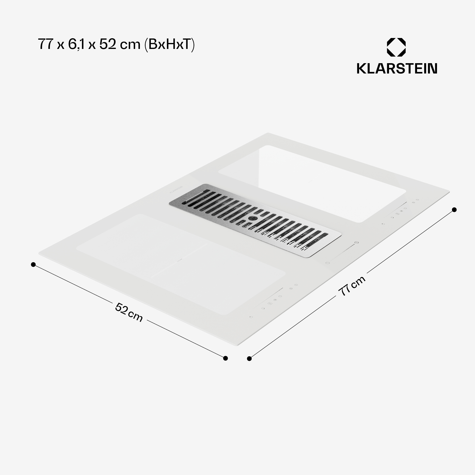 Una encimera de inducción Klarstein blanca con dimensiones. Tiene una ventilación integrada y botones de control.