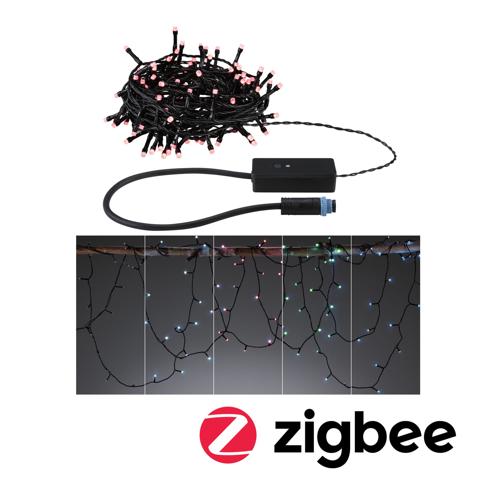 Obraz przedstawia zestaw lampek choinkowych Zigbee. U góry: zwinięte światła. Na dole: światła w użyciu. Zawiera skrzynkę kontrolną i logo Zigbee.