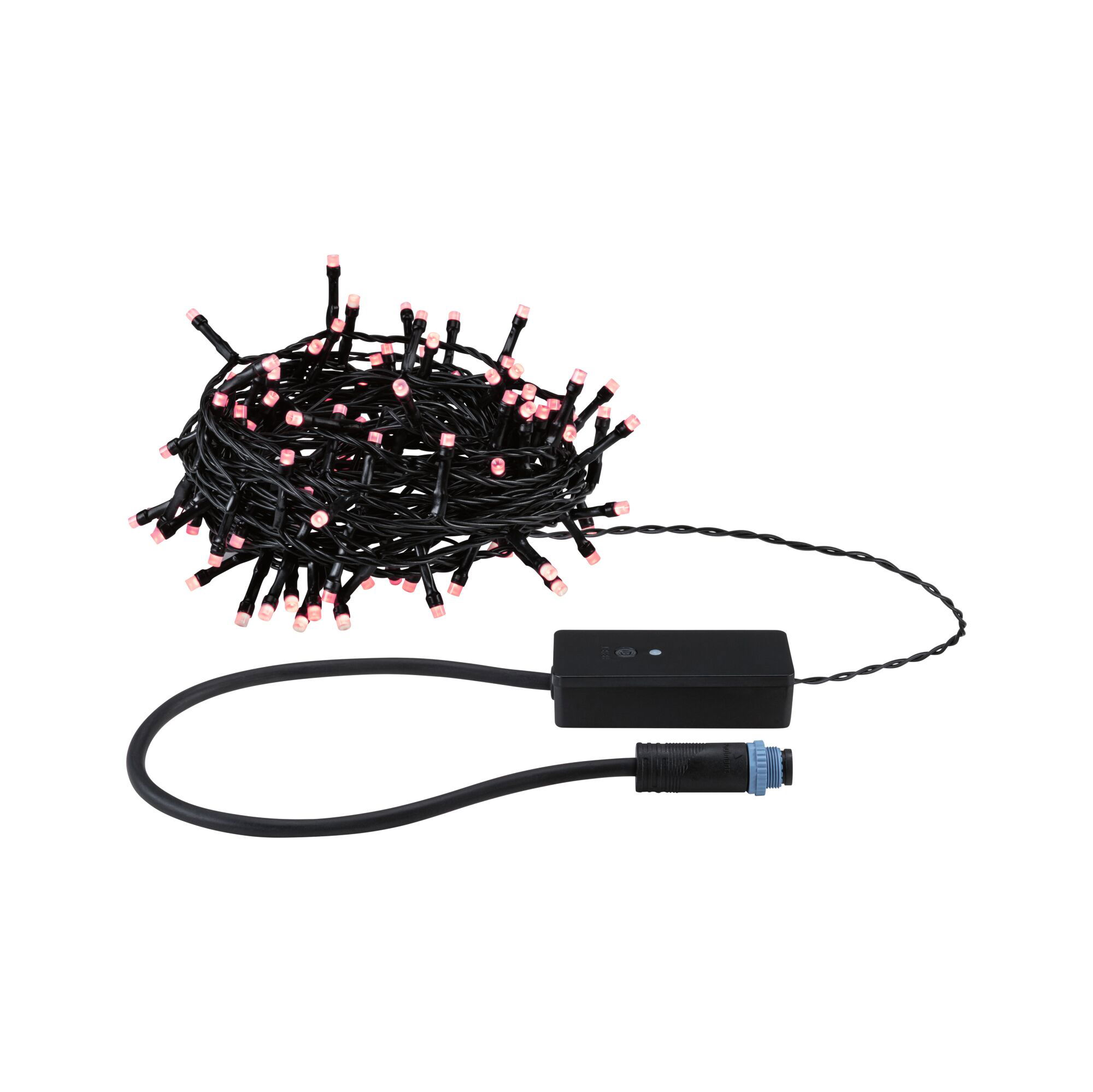Szereg czarnych świateł z różowymi żarówkami. Widoczna jest również czarna skrzynka kontrolna i złącze. Białe tło.
