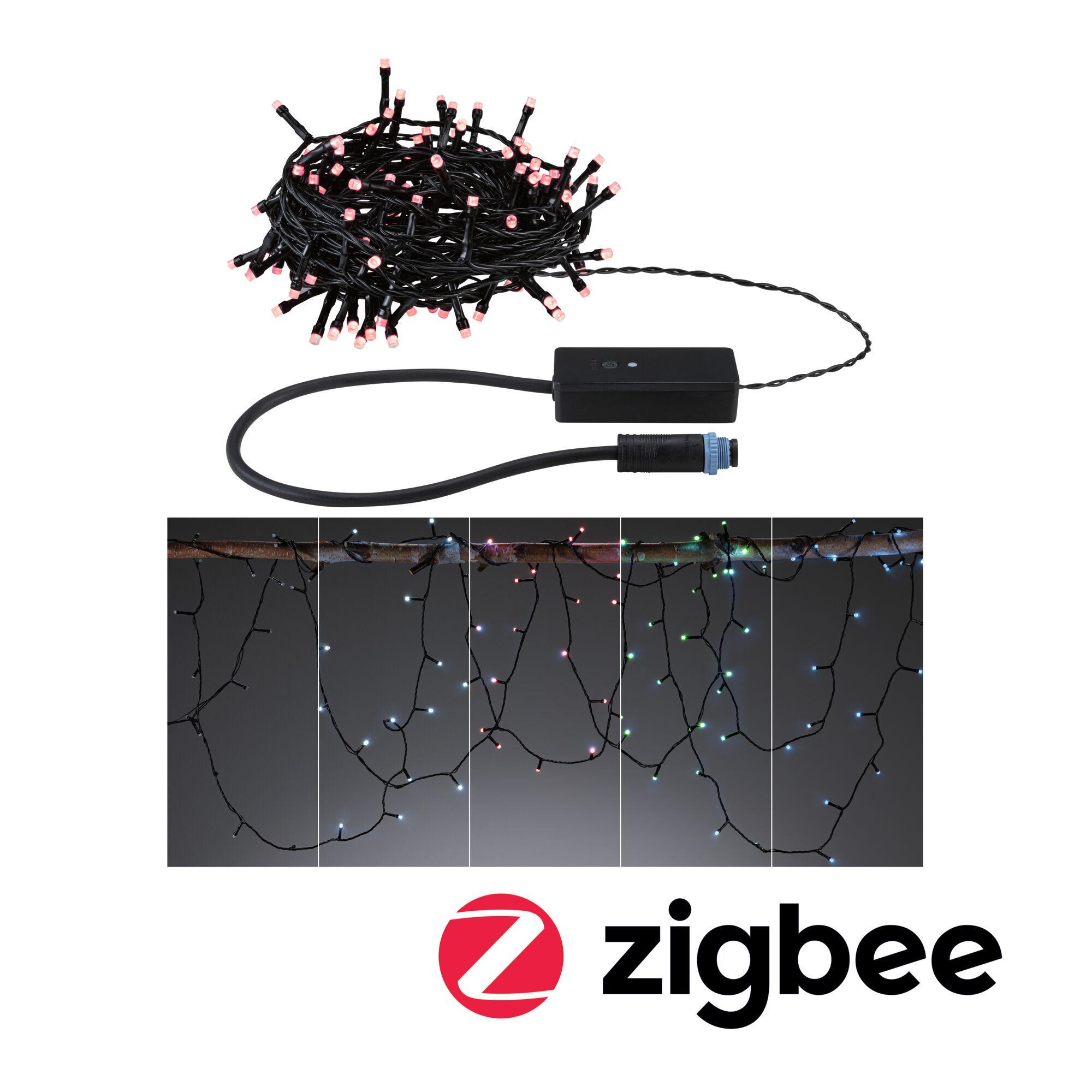 Szereg czarnych świateł z różowymi żarówkami, skrzynka kontrolna i gałąź z różnokolorowymi światłami. Widoczne logo Zigbee.