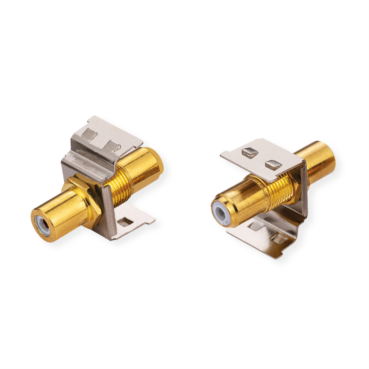Due connettori RCA color oro con staffe in metallo argentato, su sfondo bianco. Uno rivolto a sinistra, l'altro a destra.