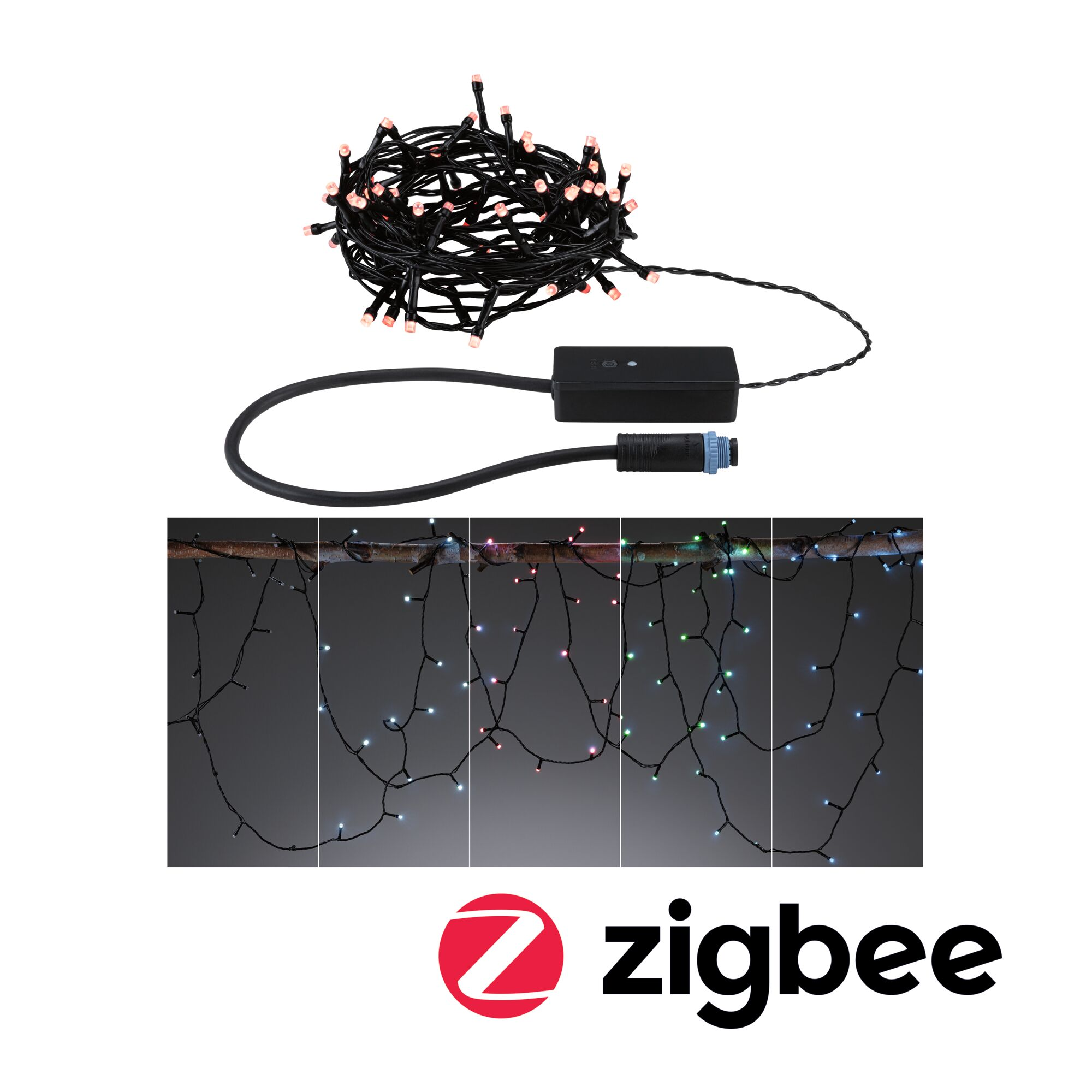 Obraz przedstawia łańcuchy świetlne z czarnym kablem i skrzynką sterowniczą. Dół pokazuje wiszące światła w różnych kolorach. Logo Zigbee znajduje się na dole.