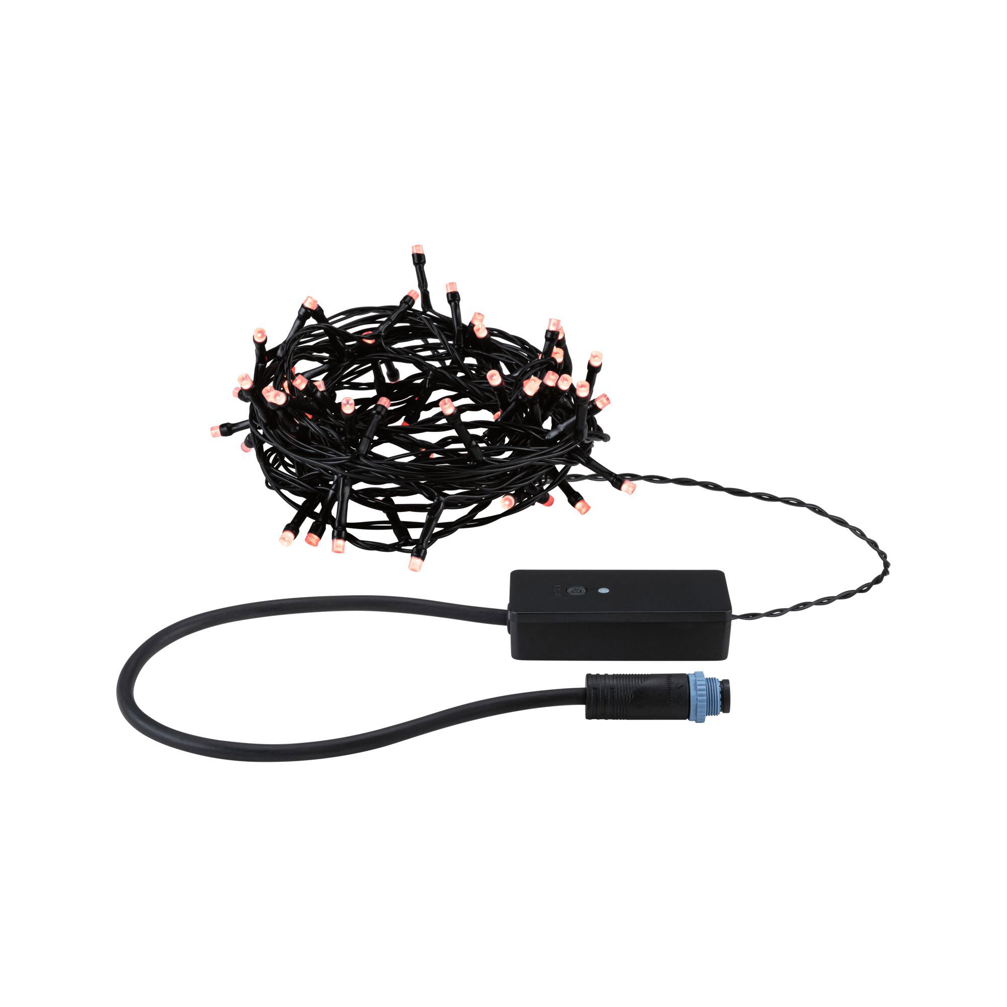 Czarne lampki choinkowe z różowymi światłami i czarną skrzynką sterowniczą ze złączem, wszystko na białym tle.