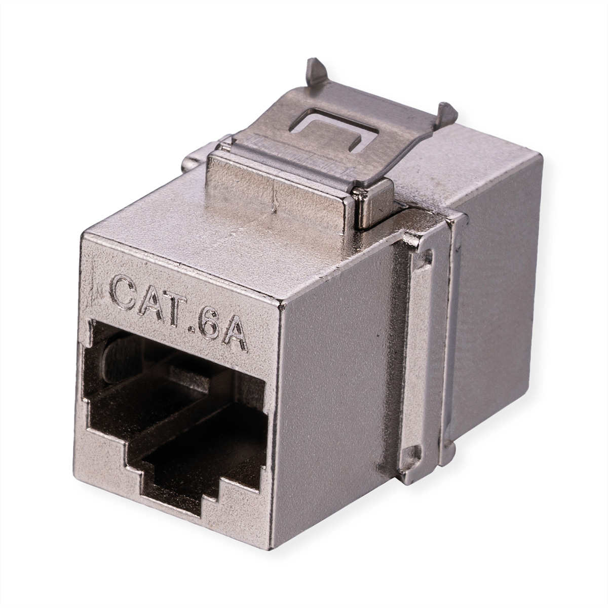 Ein silberner CAT.6A RJ45-Anschluss. Er hat eine rechteckige Form mit einem Metallclip oben. Die Vorderseite hat einen Anschluss. Weißer Hintergrund.
