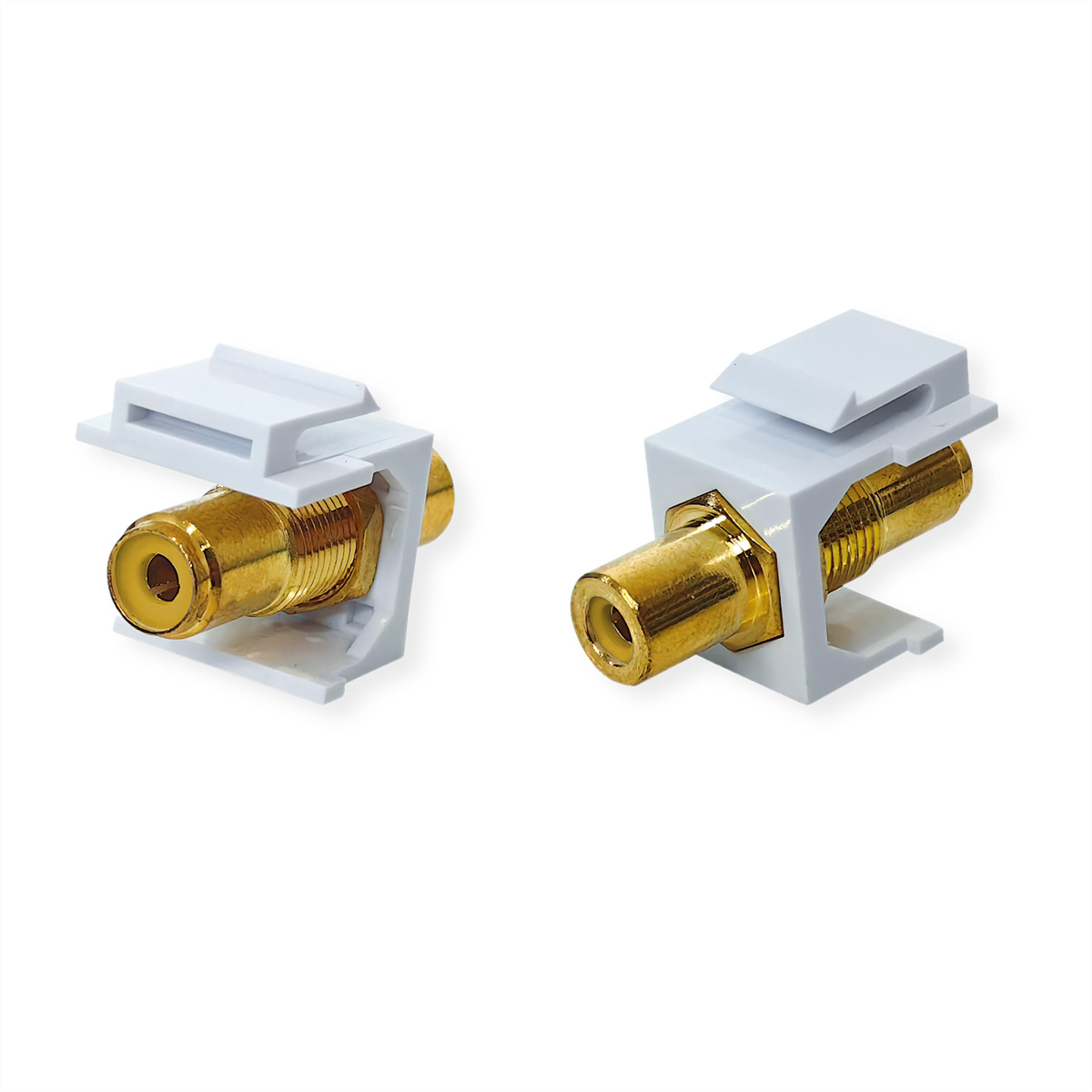 Zwei gold-weiße Cinch-Anschlüsse auf weißem Hintergrund. Jeder hat einen goldenen Stecker und ein weißes Kunststoffgehäuse.