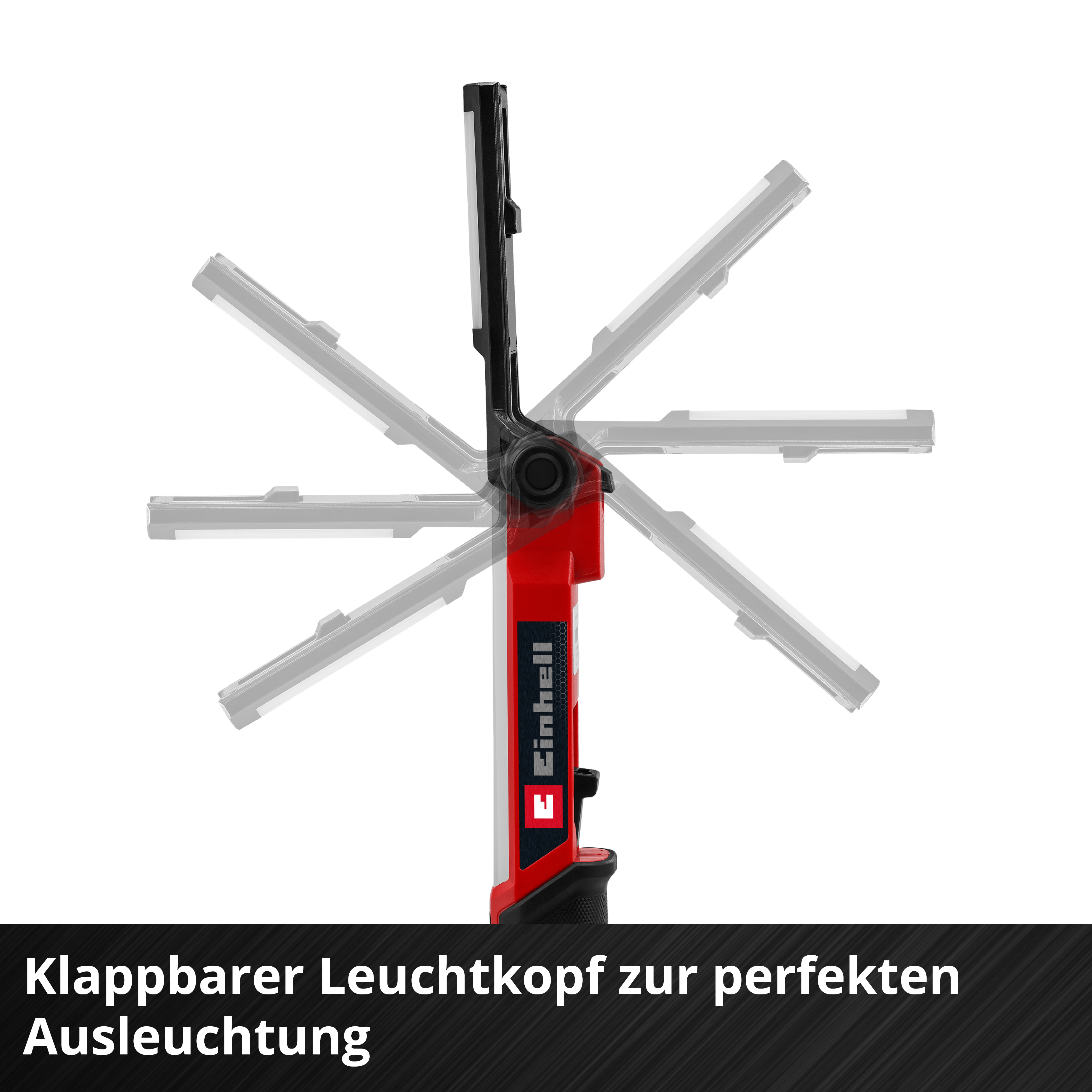 Rote und schwarze, faltbare Arbeitsleuchte mit mehreren Lichtpositionen. Die Marke 'Einhell' ist sichtbar. Weißer Hintergrund.