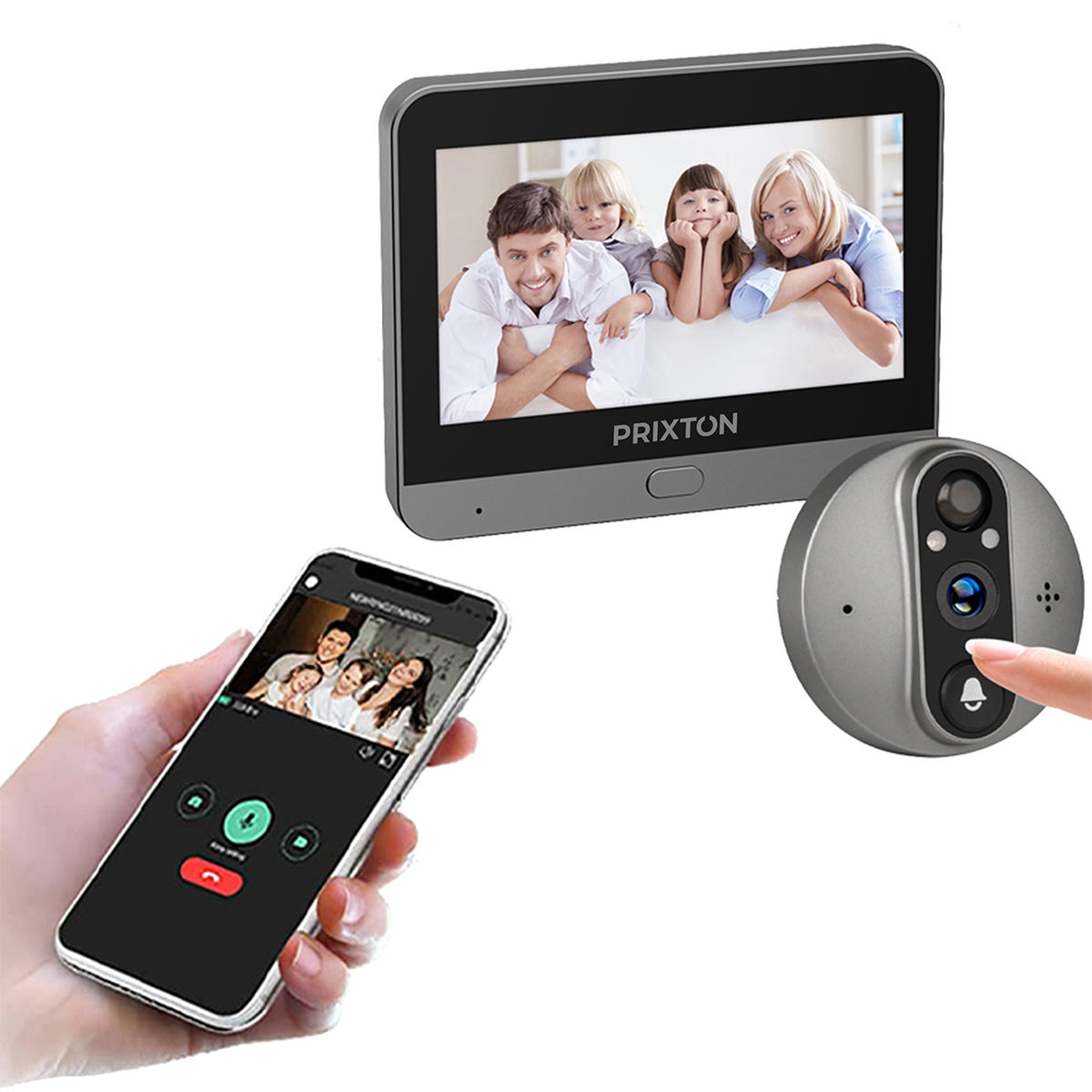 Inteligentny system dzwonka do drzwi. Zawiera ekran z rodziną, kamerę dzwonka i telefon wyświetlający ten sam obraz.