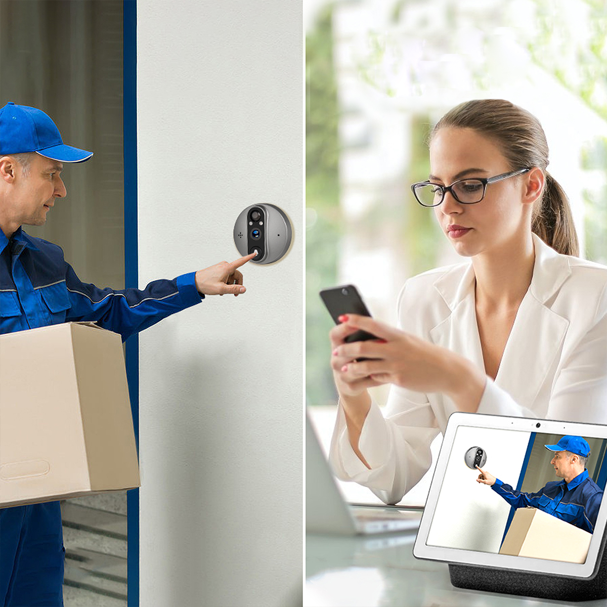 Dostawca w niebieskim mundurze wskazuje na kamerę dzwonka. Kobieta patrzy na swój telefon i obraz dzwonka na tablecie.