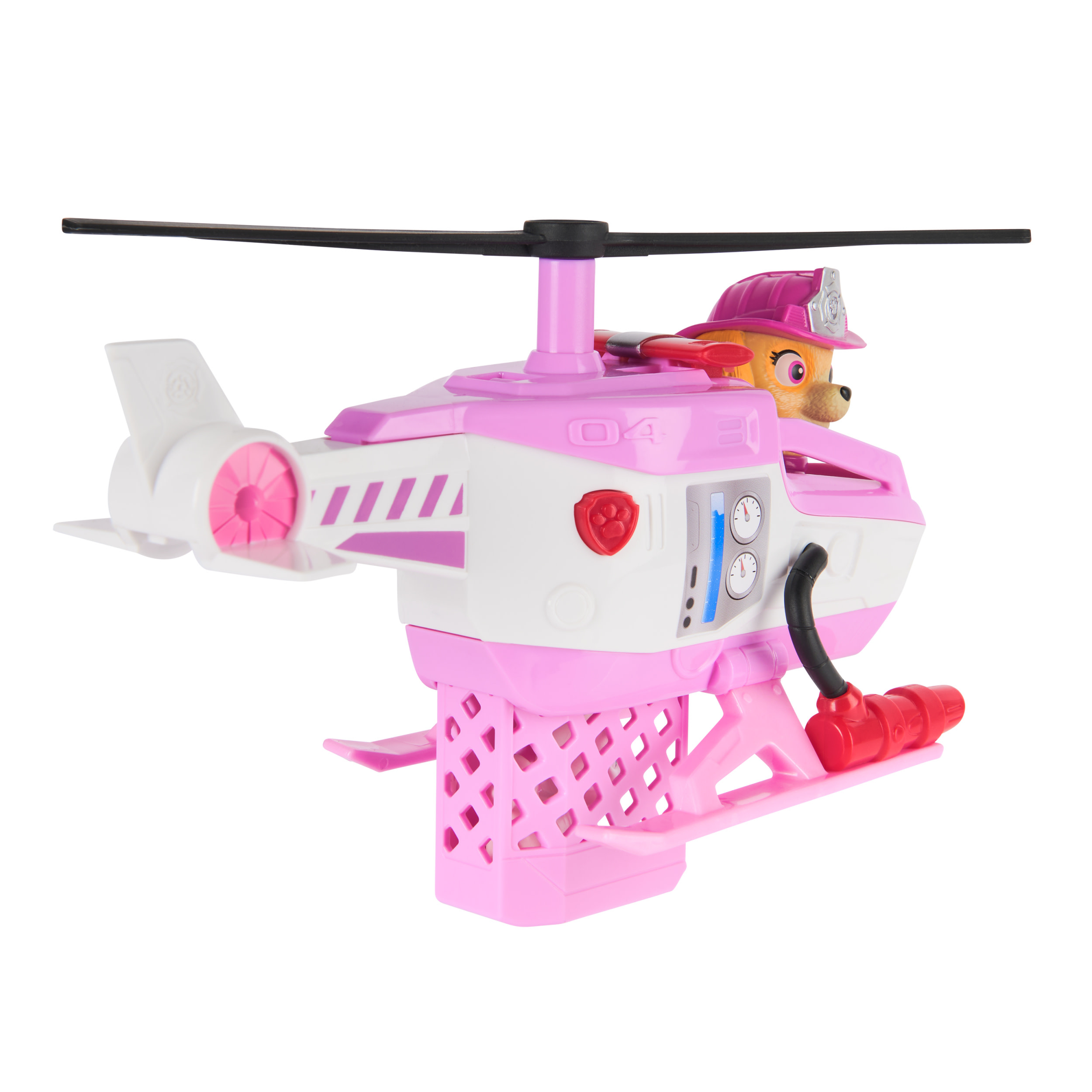 Ein rosa-weißer Spielzeughelikopter. Ein Hund mit rosa Hut sitzt im Cockpit. Der Helikopter hat einen Propeller und ein Fahrwerk.