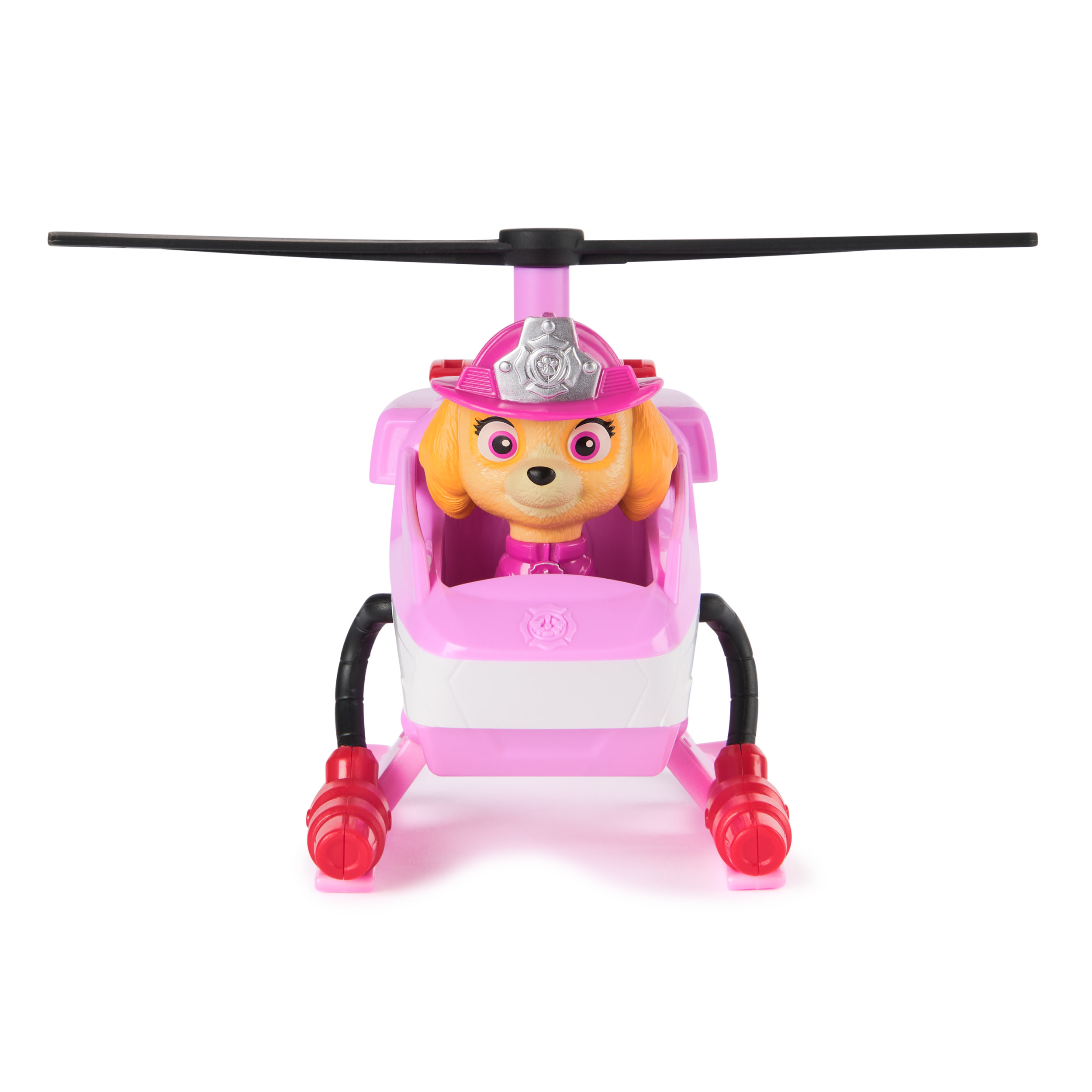 Rosa Spielzeug-Hubschrauber mit Skye-Figur. Er hat schwarze Propeller, rote Räder und Skye trägt einen rosa Helm.