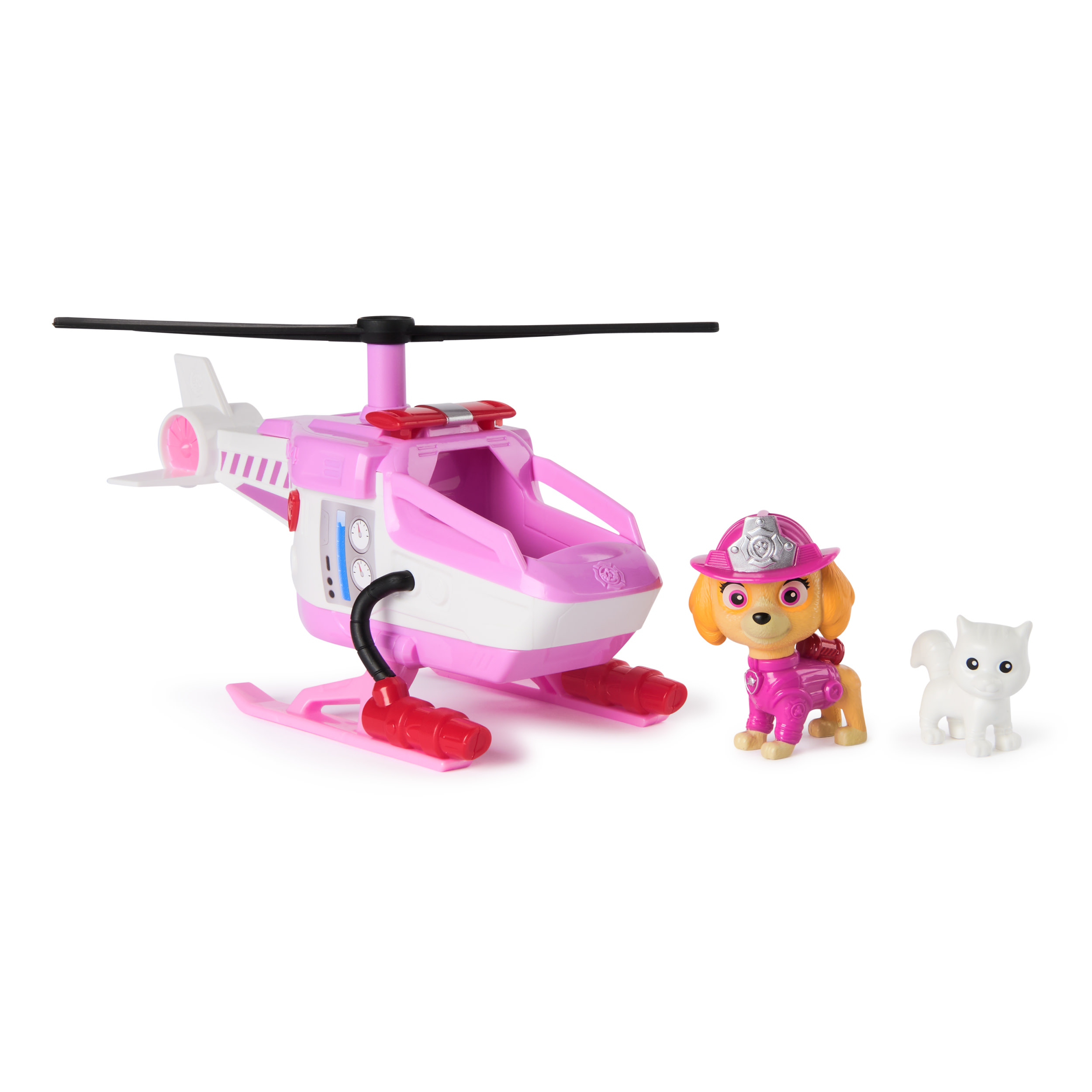 Ein Spielzeughelikopter in Rosa und Weiß, ein Hund und eine weiße Katze auf weißem Hintergrund.