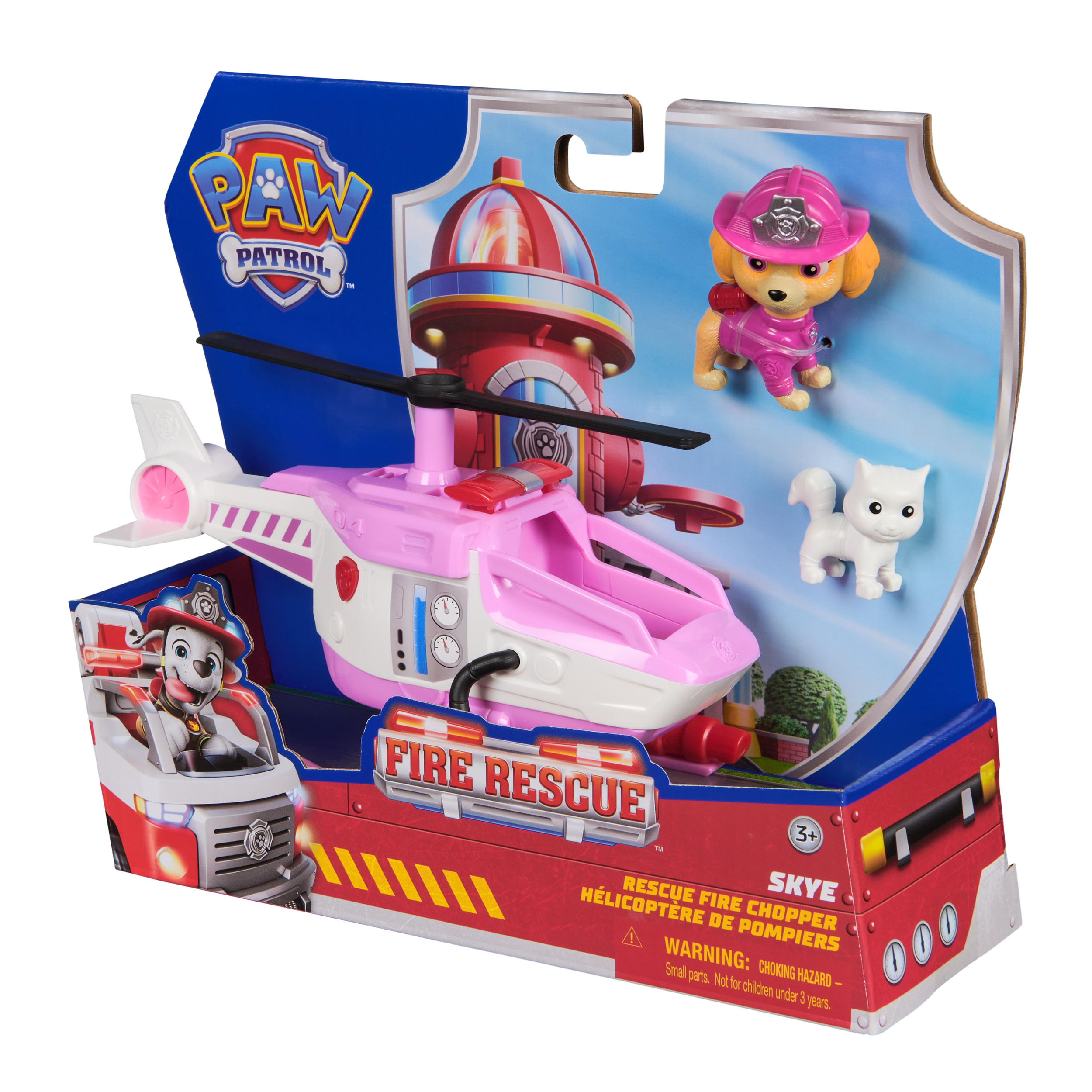 Ein Paw Patrol Fire Rescue Spielzeugset. Es enthält einen rosa Hubschrauber und eine Skye-Figur, einen Feuerwehrwagen und eine weiße Katzenfigur.