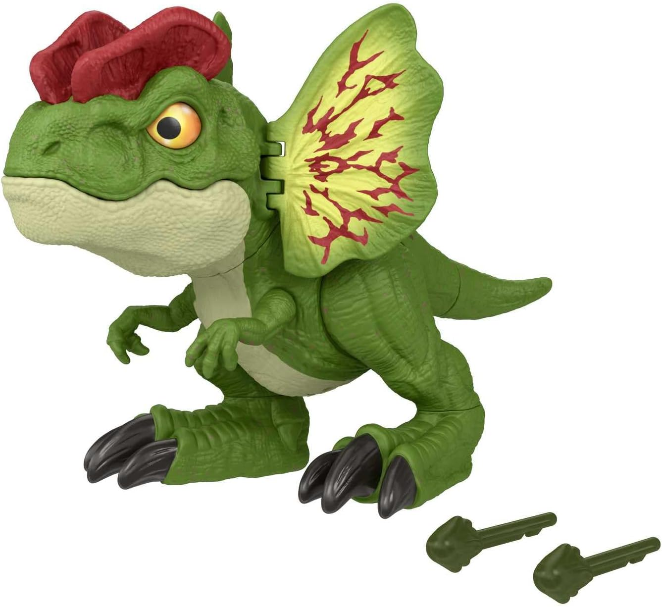 Ein grüner Spielzeug-Dinosaurier mit roten Kamm und gelb-roten Fransen. Schwarze Krallen und drei grüne Projektile sind sichtbar.