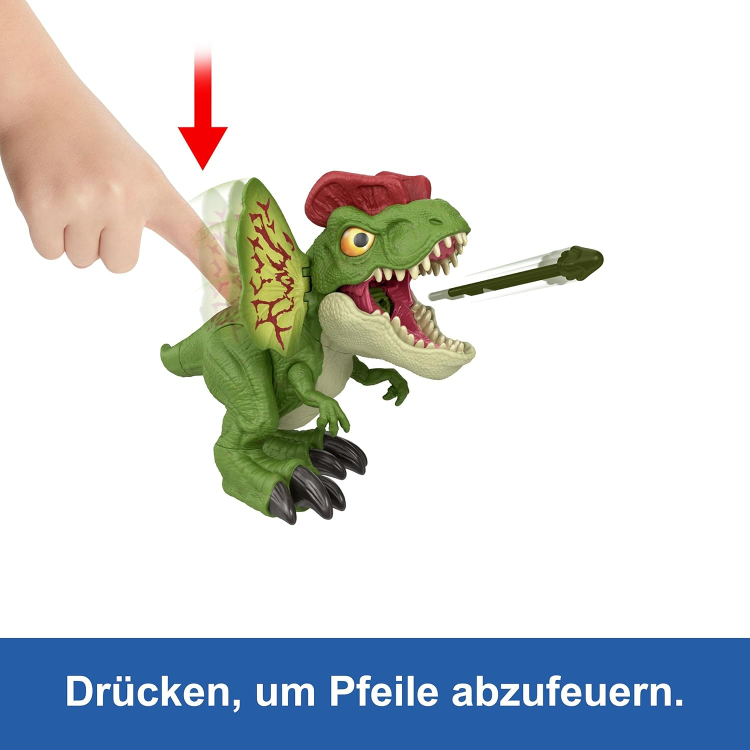 Ein grünes Dinosaurierspielzeug mit rotem Kamm wird gedrückt. Es schießt einen Pfeil. Eine Hand drückt den Flügel des Dinosauriers.
