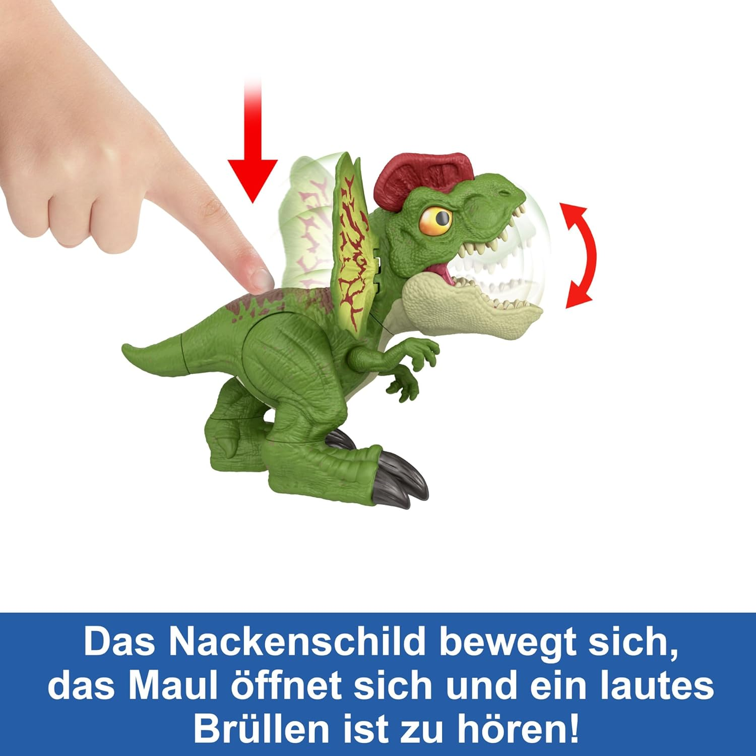 Ein Spielzeug-Dinosaurier wird gezeigt, auf den eine Hand zeigt. Der Dinosaurier ist grün mit einem roten Kamm.