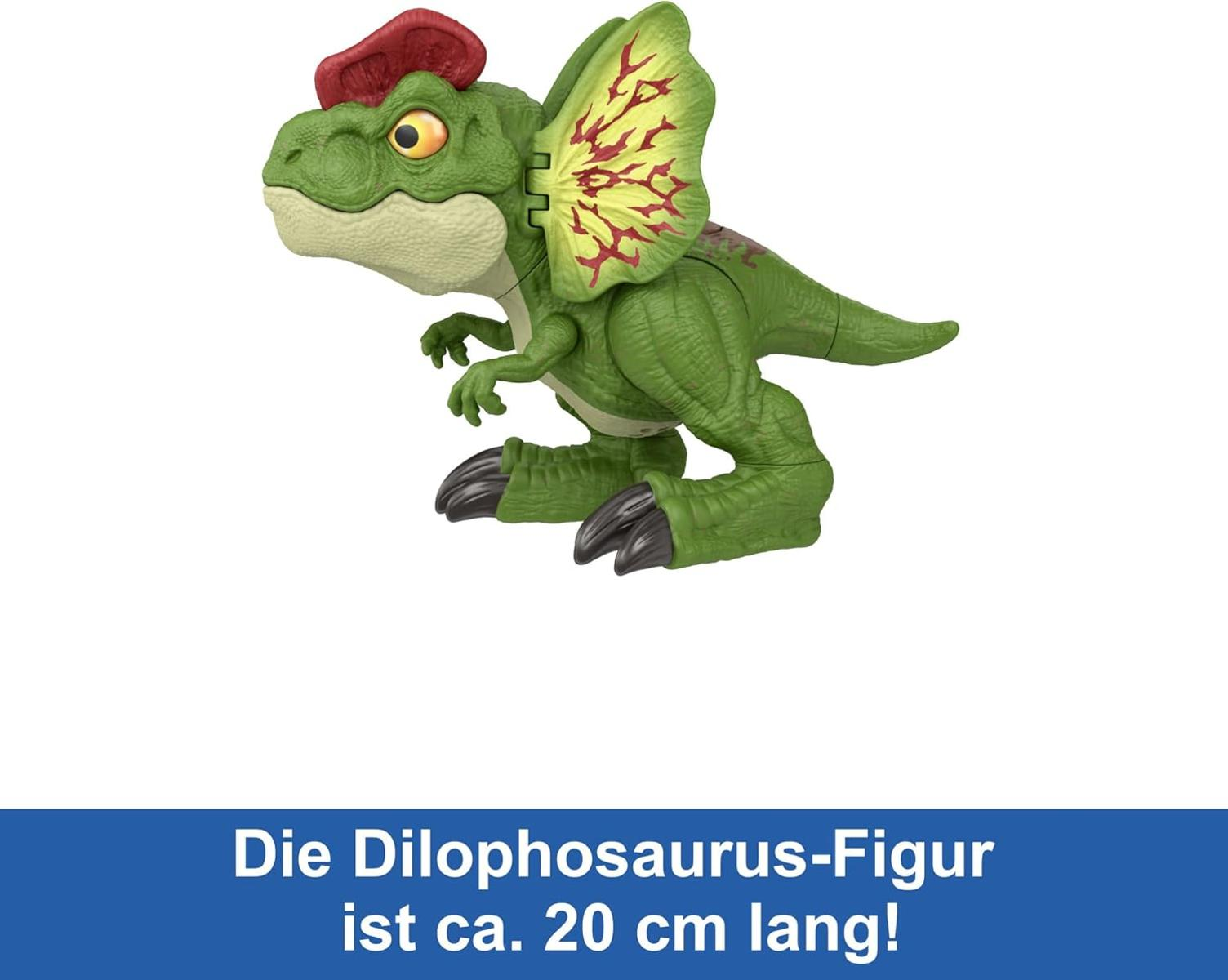 Ein grünes Dilophosaurus-Spielzeug mit rotem Kamm und gelben Fransen, das steht. Unten steht: 'Die Dilophosaurus-Figur ist ca. 20 cm lang!'