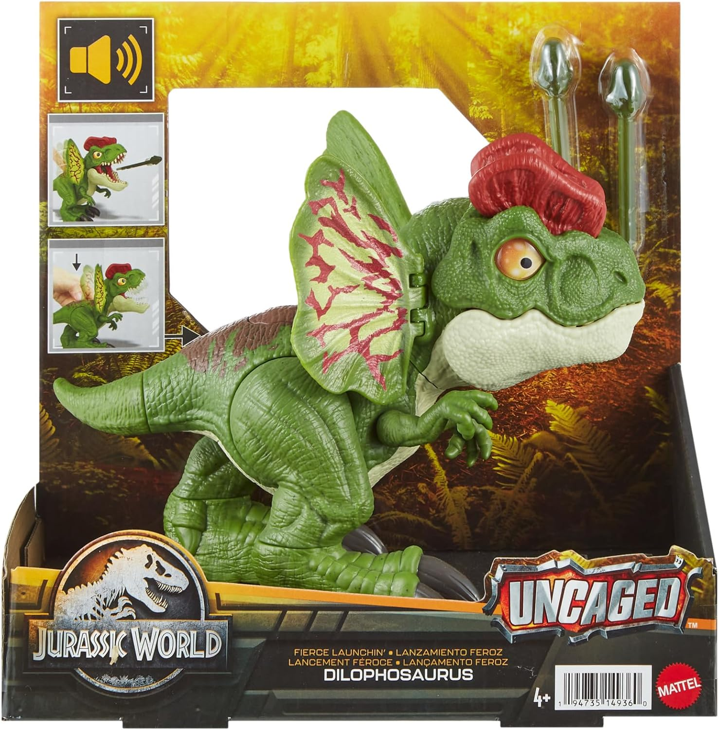 Ein grünes Dilophosaurus-Spielzeug aus Jurassic World. Es hat einen roten Kamm und Halskrause auf einer Markenbox.