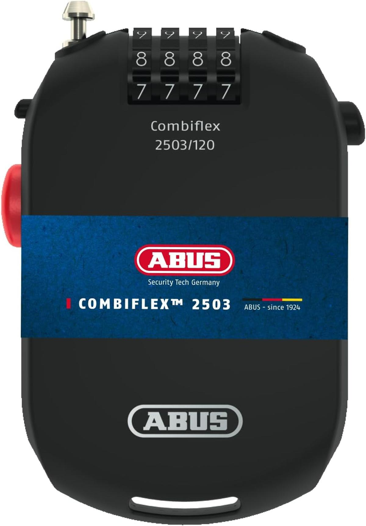 Czarna kłódka szyfrowa ABUS z czerwonym przyciskiem. Widoczne cyfry 7 i 8. Marka ABUS i Combiflex 2503/120.