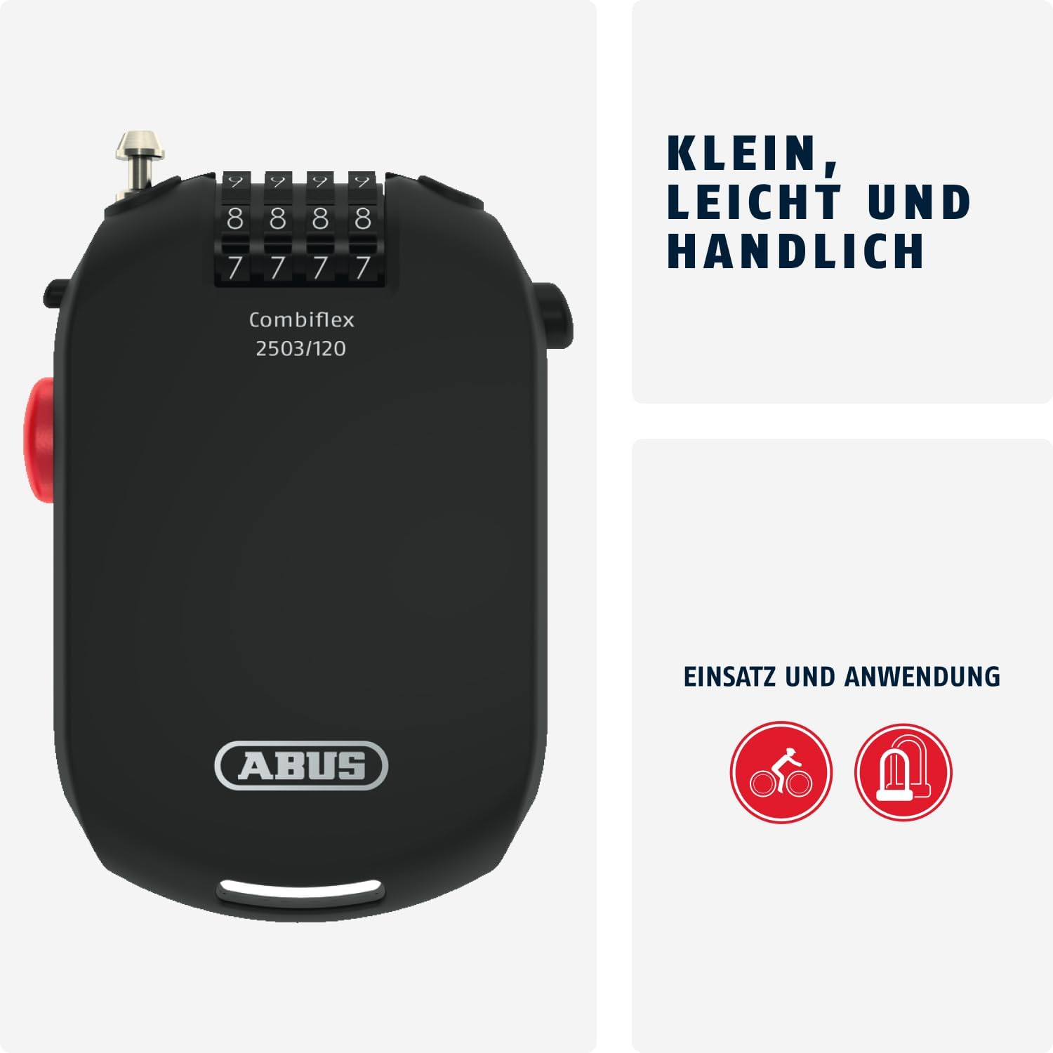 Czarny zamek szyfrowy ABUS z widocznymi cyframi. Tekst brzmi 'Klein, leicht und handlich.' z ikonami użytkowania.