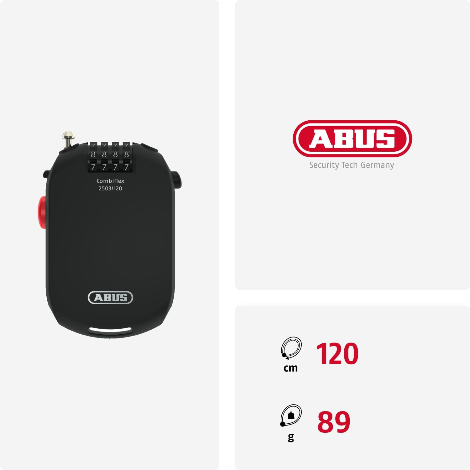 Czarna kłódka szyfrowa ABUS z czerwonym przyciskiem. Widoczne cyfry 8888 i 7777. Obecne jest również logo i specyfikacje.