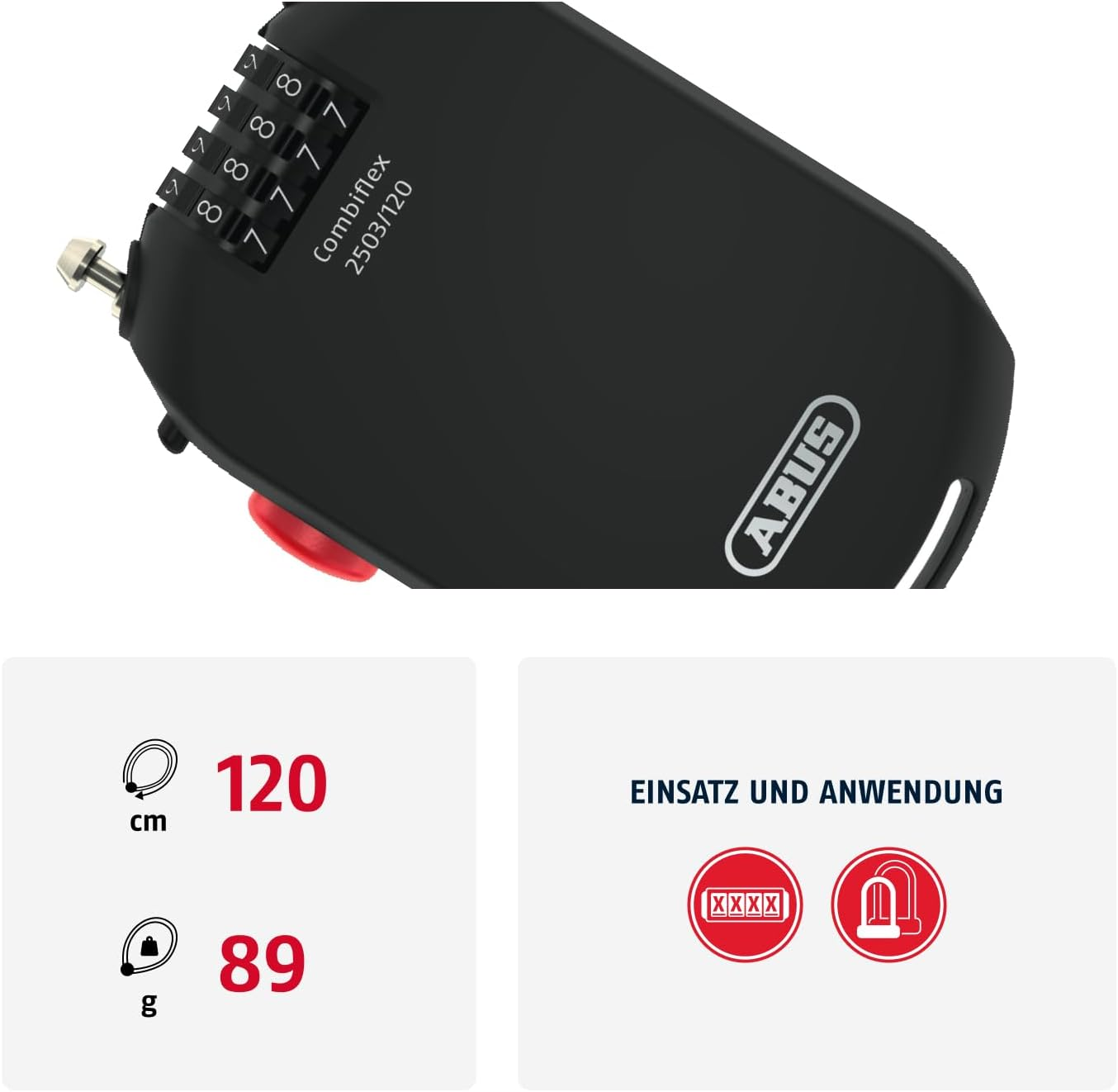 Czarny zamek ABUS CombiFlex z cyframi. Zawiera wymiary w cm i g z czerwonymi cyframi. Ikony pokazują scenariusze użytkowania.