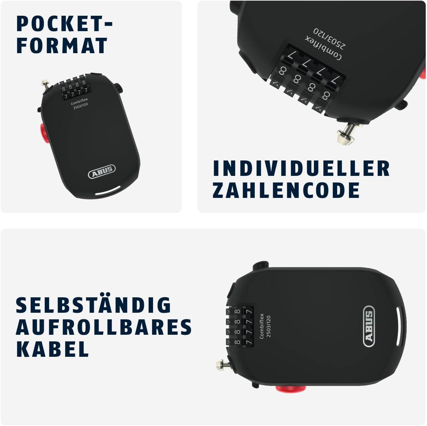 Obraz przedstawia czarną kłódkę z pokrętłem kombinacyjnym. Tekst wskazuje na kłódkę w formacie kieszonkowym z chowanym kablem.