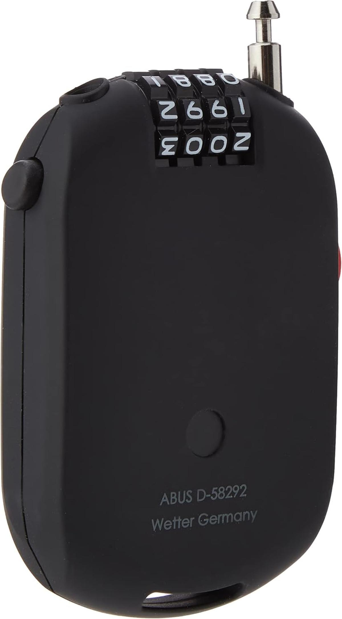 Czarna kłódka szyfrowa ze srebrnymi detalami i tarczą z numerami. Marka to ABUS.