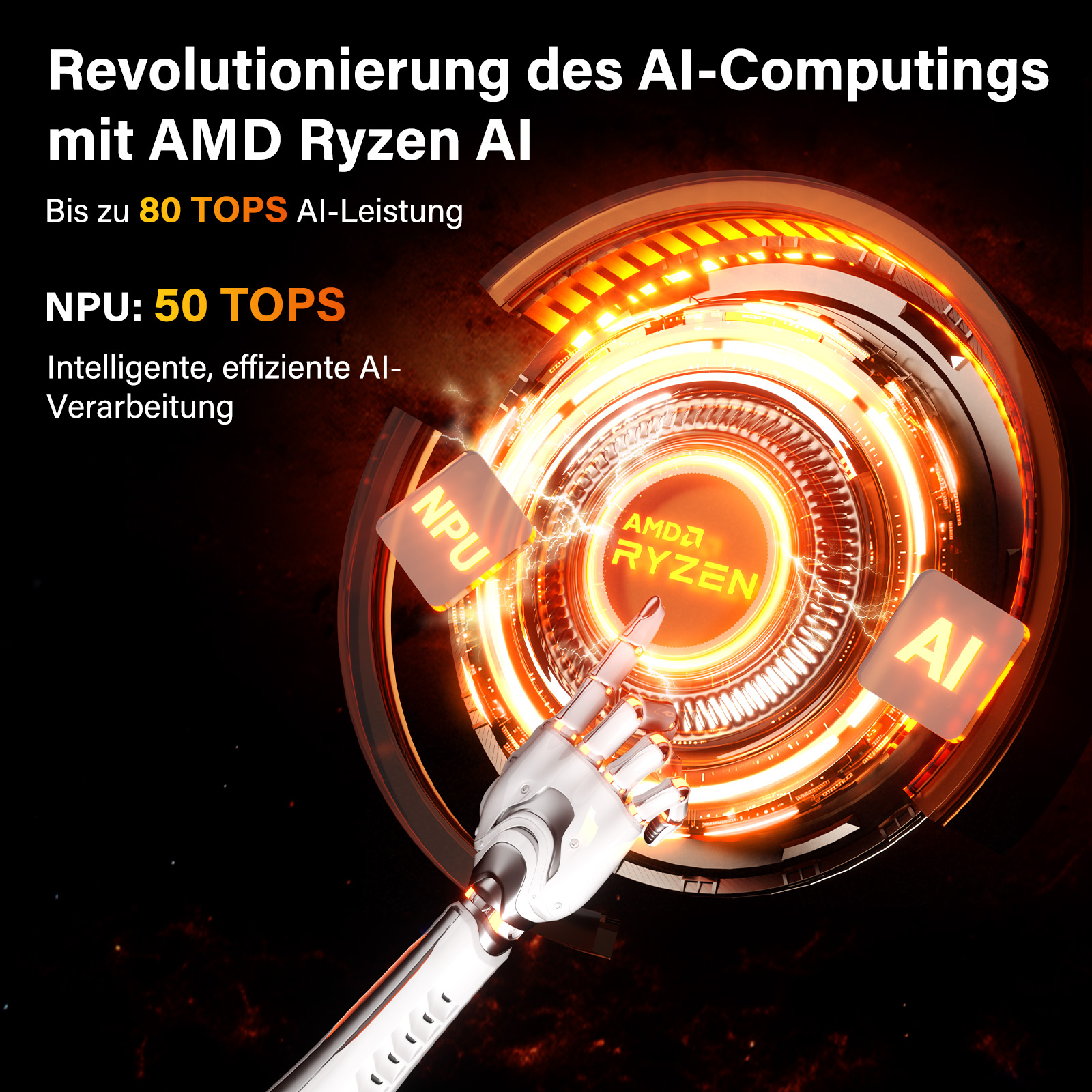 Ein KI-Grafik. Eine Roboterhand zeigt auf ein leuchtendes AMD Ryzen-Logo. Text enthält Spezifikationen wie 80 TOPS AI-Leistung.