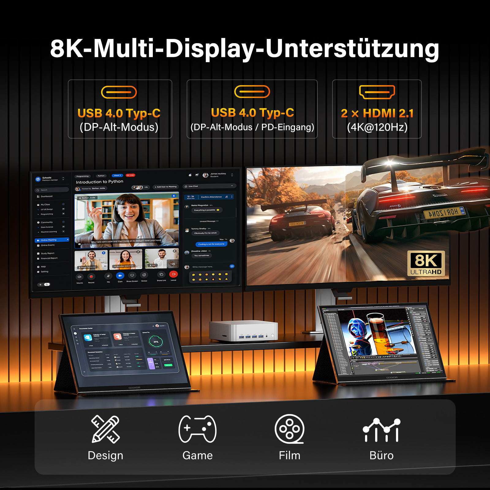 Ein Display-Setup mit drei Bildschirmen, die einen Videoanruf, ein Rennspiel und Designsoftware anzeigen, mit Verbindungsoptionen.