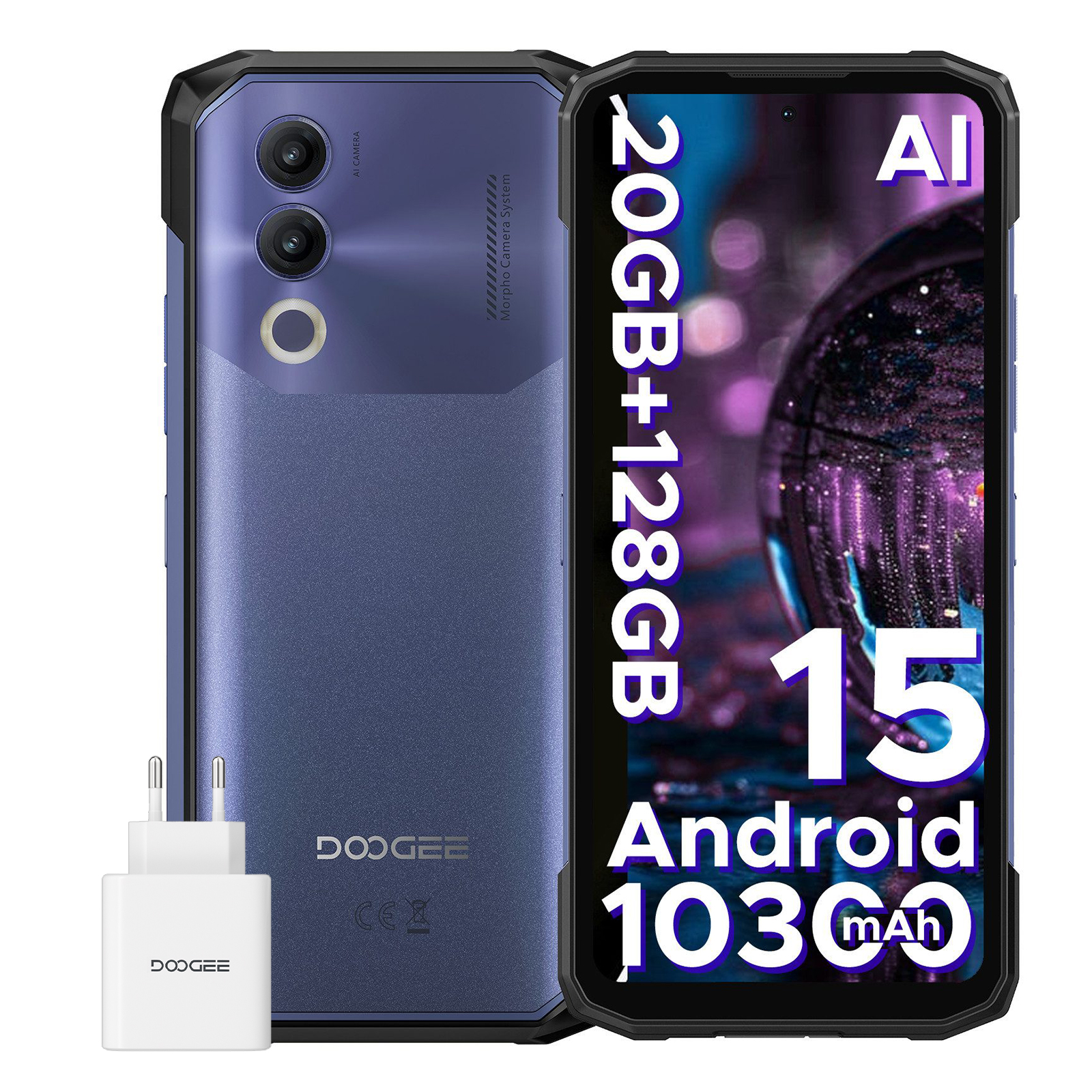 Blaues Doogee-Smartphone mit Ladegerät. Merkmale sind eine Dual-Kamera, 20 GB + 128 GB und ein 10300-mAh-Akku.