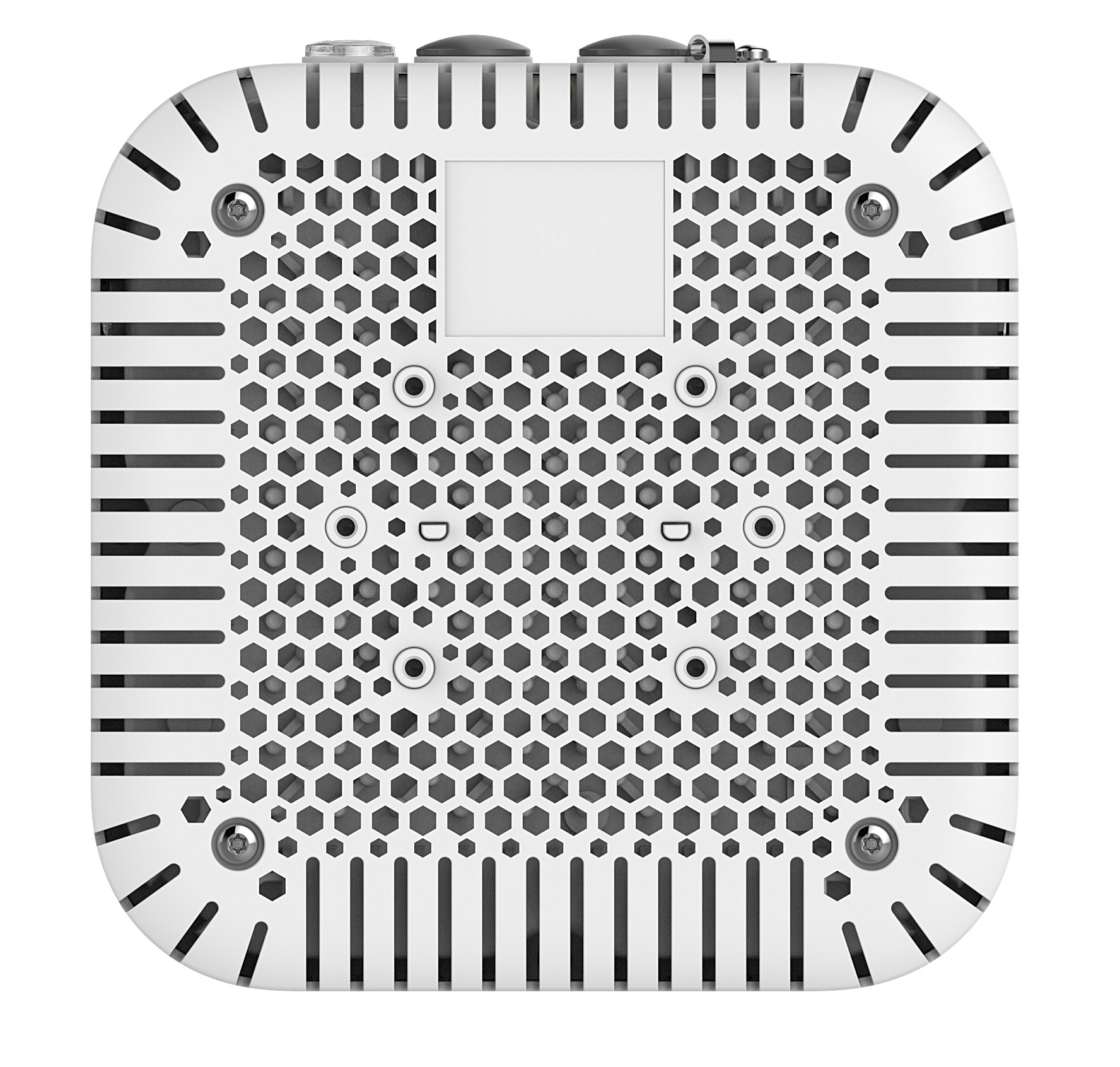Weißes elektronisches Gerät, Metallgitter mit sechseckigen Löchern. Oberseite mit Knöpfen und Lüftungsöffnungen.