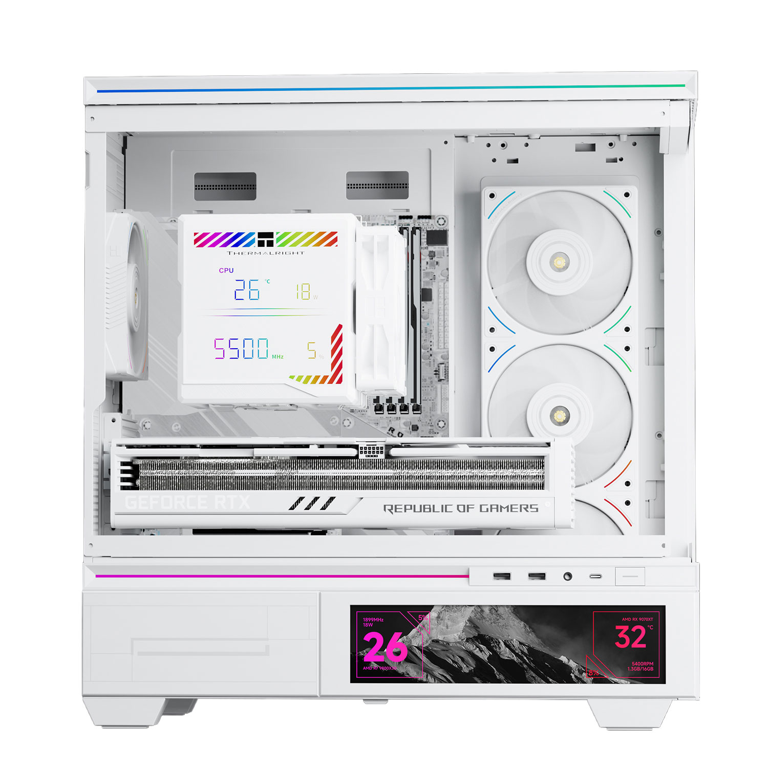 Weißes PC-Gehäuseinnere mit Komponenten. Enthält einen CPU-Kühler, eine GPU, Lüfter und ein Informationsdisplay mit Temperaturen und Spezifikationen.