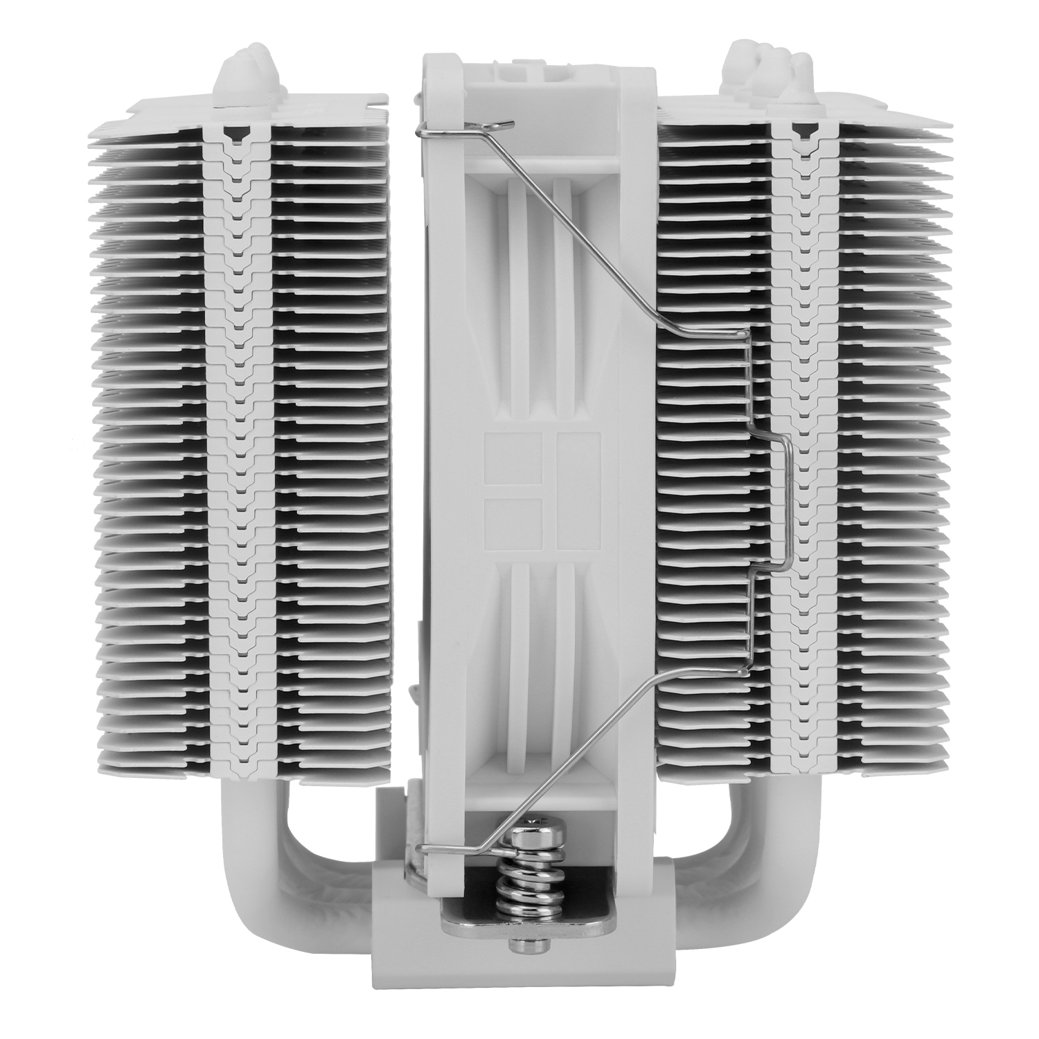 Birden fazla kanatçığı, metal braketleri ve yayı olan beyaz bir CPU soğutucusu. Tasarım simetriktir, merkezi bir fan yuvası vardır.
