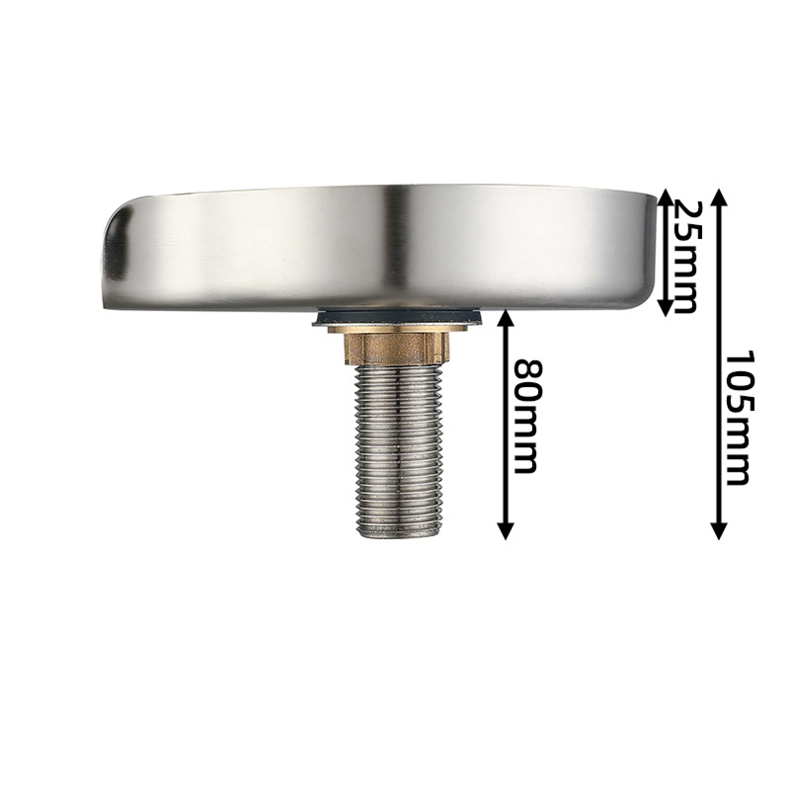 Ein Metall-Spülbeckenablaufbauteil mit den angegebenen Abmessungen: 25 mm, 80 mm und 105 mm. Es hat eine silberne Oberfläche und ein Messingteil.