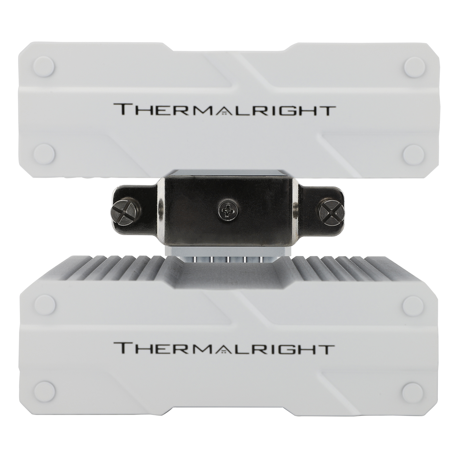 THERMALRIGHT etiketli beyaz ve gri bir CPU soğutucusu. Siyah metal montaj braketine sahip ve beyaz bir arka plan üzerinde.