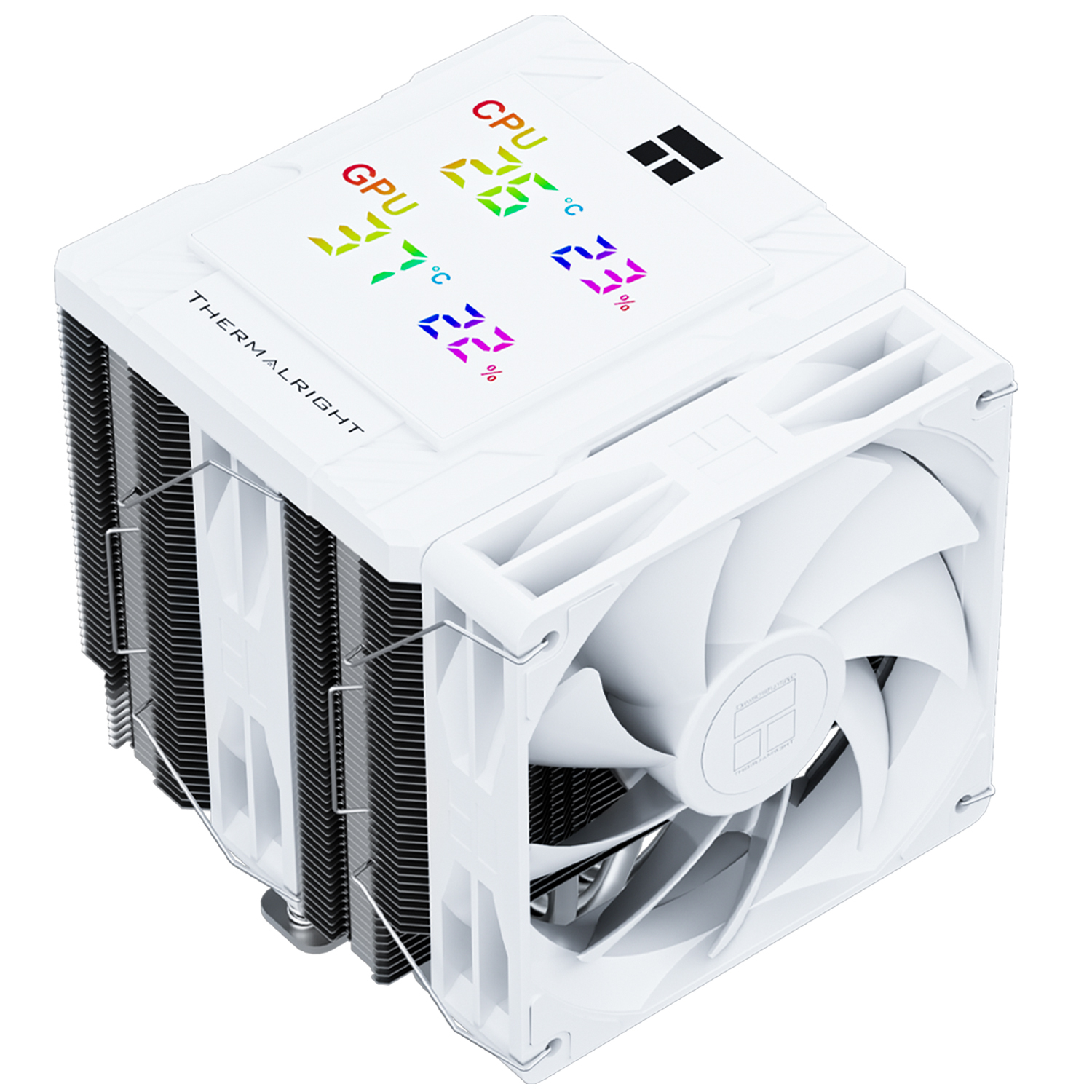 Weißer CPU-Kühler mit Lüfter. Zeigt CPU- und GPU-Temperaturen sowie die Lüfterauslastung in Prozent an. Der Markenname 'THERMALRIGHT' ist sichtbar.