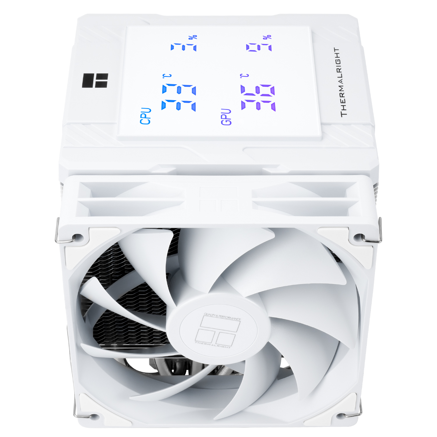 Weißer CPU-Kühler mit Lüfter. Zeigt CPU bei 32°C und GPU bei 35°C. Thermalright-Markenlogo sichtbar.