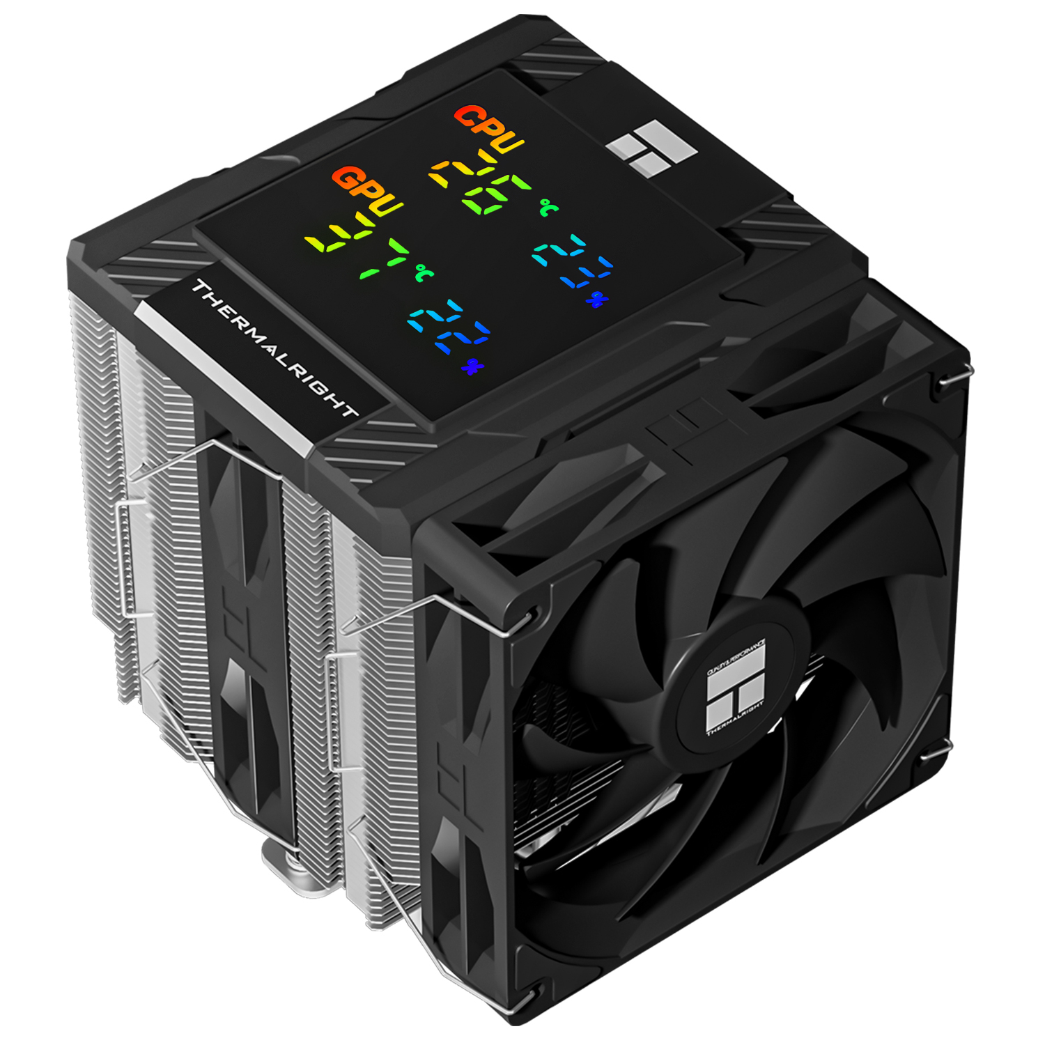 Siyah bir Thermalright CPU soğutucusu, fan ve CPU ve GPU sıcaklıklarını gösteren ekran. Soğutucu gümüş renkli kanatlara sahip.