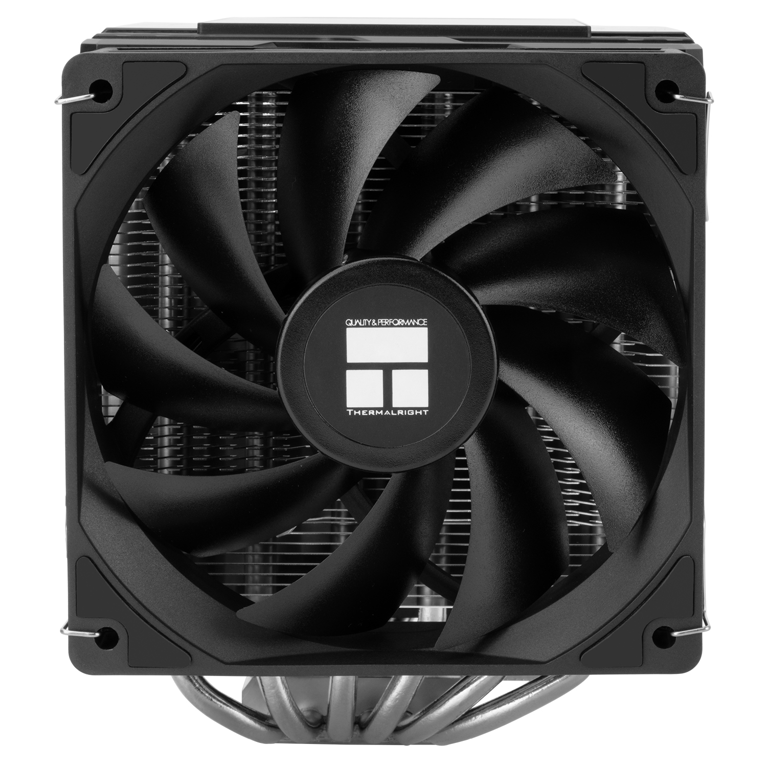 Siyah bir bilgisayar CPU soğutucusunun yakından çekimi. Merkezi bir fanı, kanatları ve soğutucu kanatları vardır. "THERMALRIGHT" logosu görülebilir.
