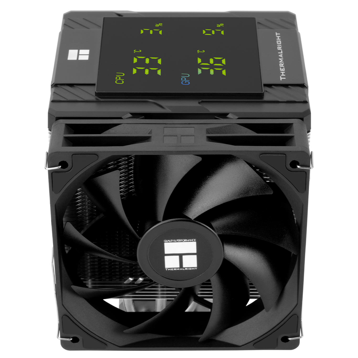 Fanlı siyah CPU soğutucusu. Dijital ekran, CPU ve GPU sıcaklıklarını gösterir. Marka adı Thermalright'tır.